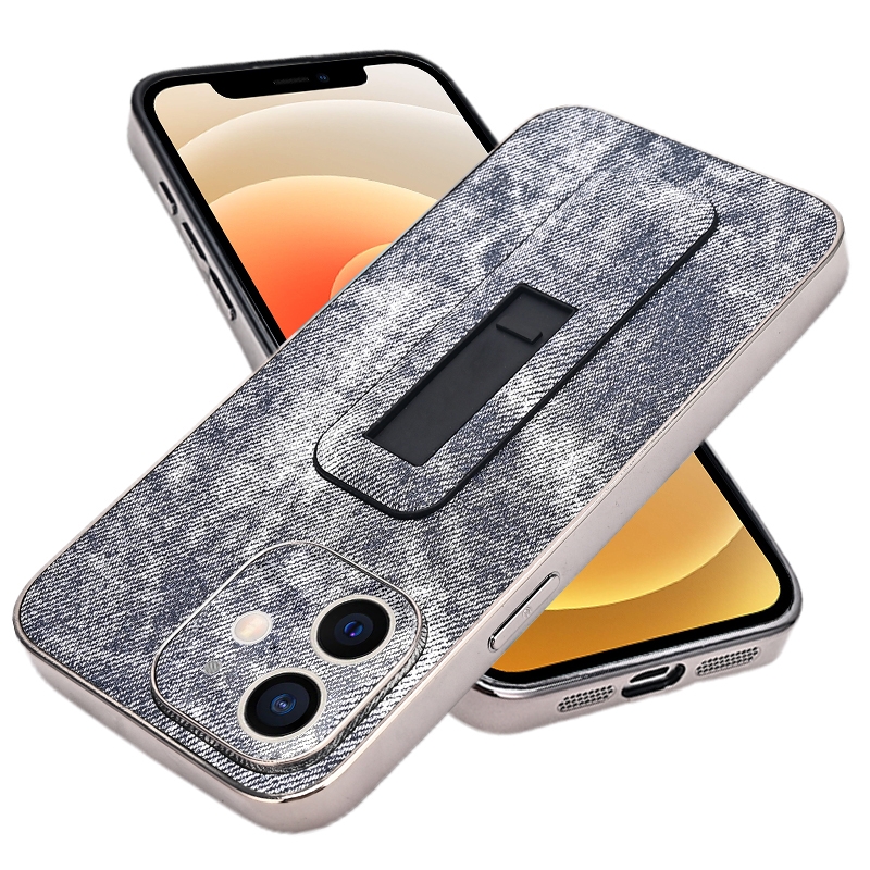 For iPhone 12 Denim Pattern Electroplated Push-pull Bracket Cooling Phone Case(Grey Blue) - Shopkiz.com