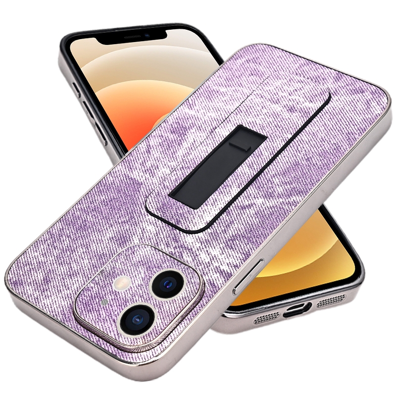 For iPhone 12 Denim Pattern Electroplated Push-pull Bracket Cooling Phone Case(Pink Purple) - Shopkiz.com