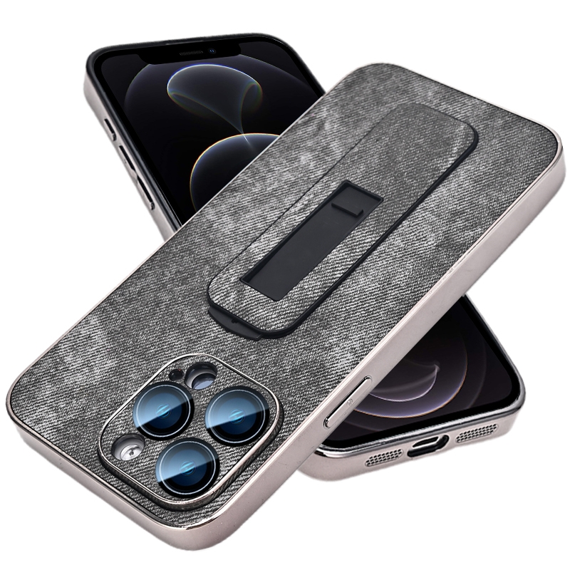 For iPhone 12 Pro Denim Pattern Electroplated Push-pull Bracket Cooling Phone Case(Black) - Shopkiz.com