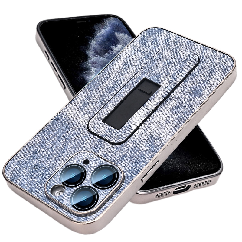 For iPhone 11 Pro Denim Pattern Electroplated Push-pull Bracket Cooling Phone Case(Blue) - Shopkiz.com