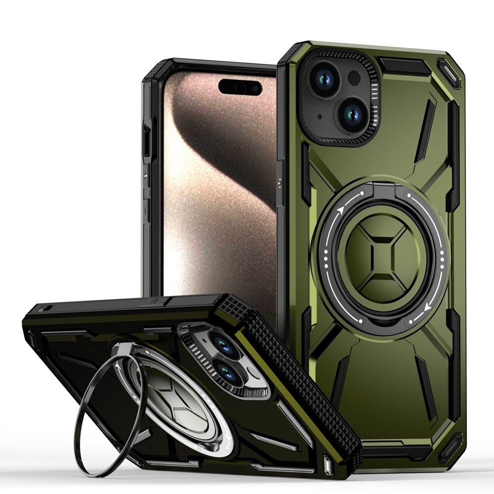 For iPhone 15 Plus Armor II Series MagSafe Magnetic Holder Phone Case(Army Green) - Shopkiz.com