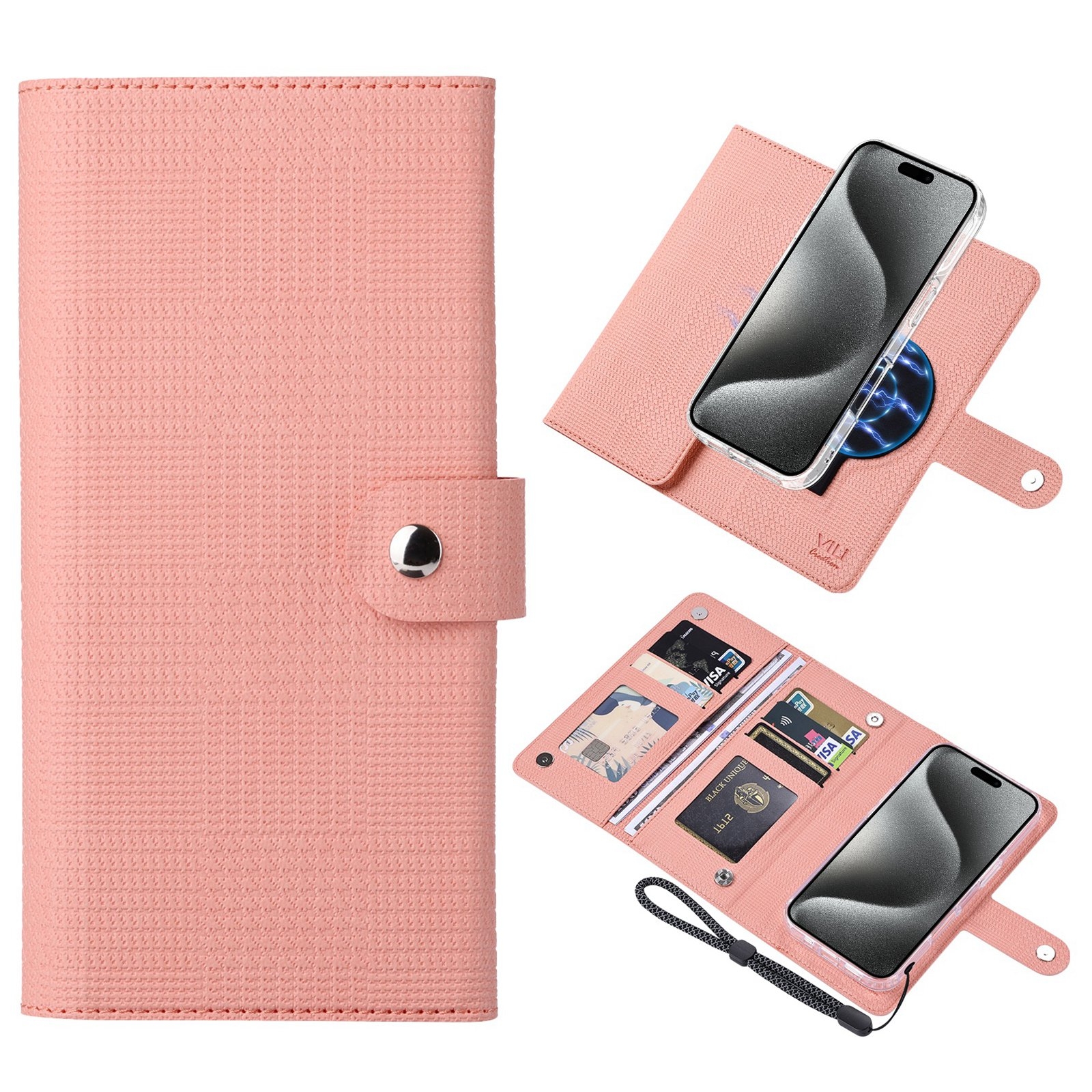 For iPhone 15 Pro Max ViLi GHA-C Series RFID MagSafe Magnetic Flip Leather Phone Case(Pink) - Shopkiz.com
