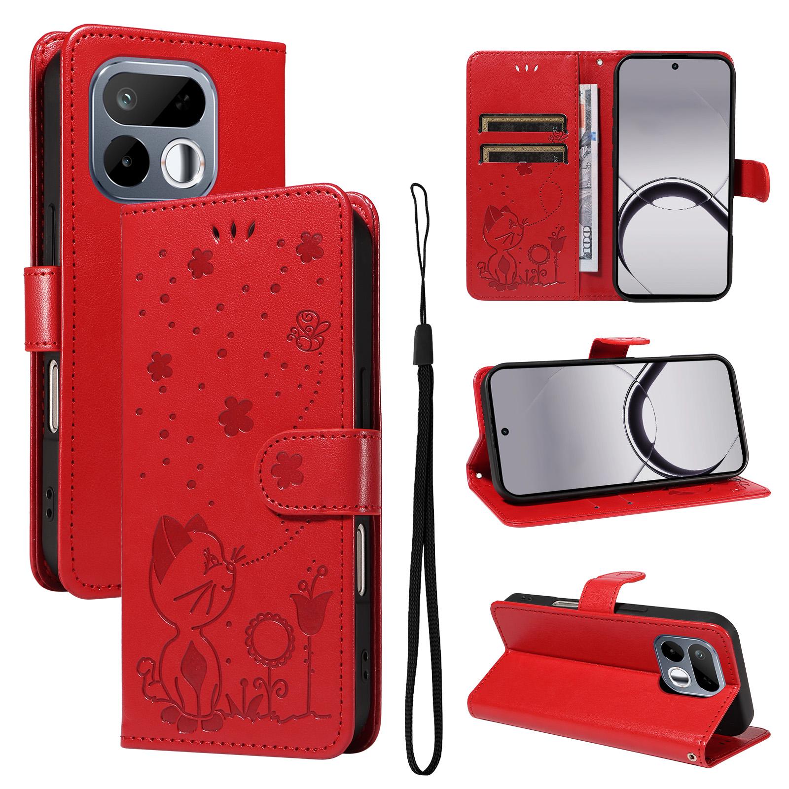 For Realme 16T 5G Cat and Bee Embossed Flip Leather Phone Case(Red) - Shopkiz.com