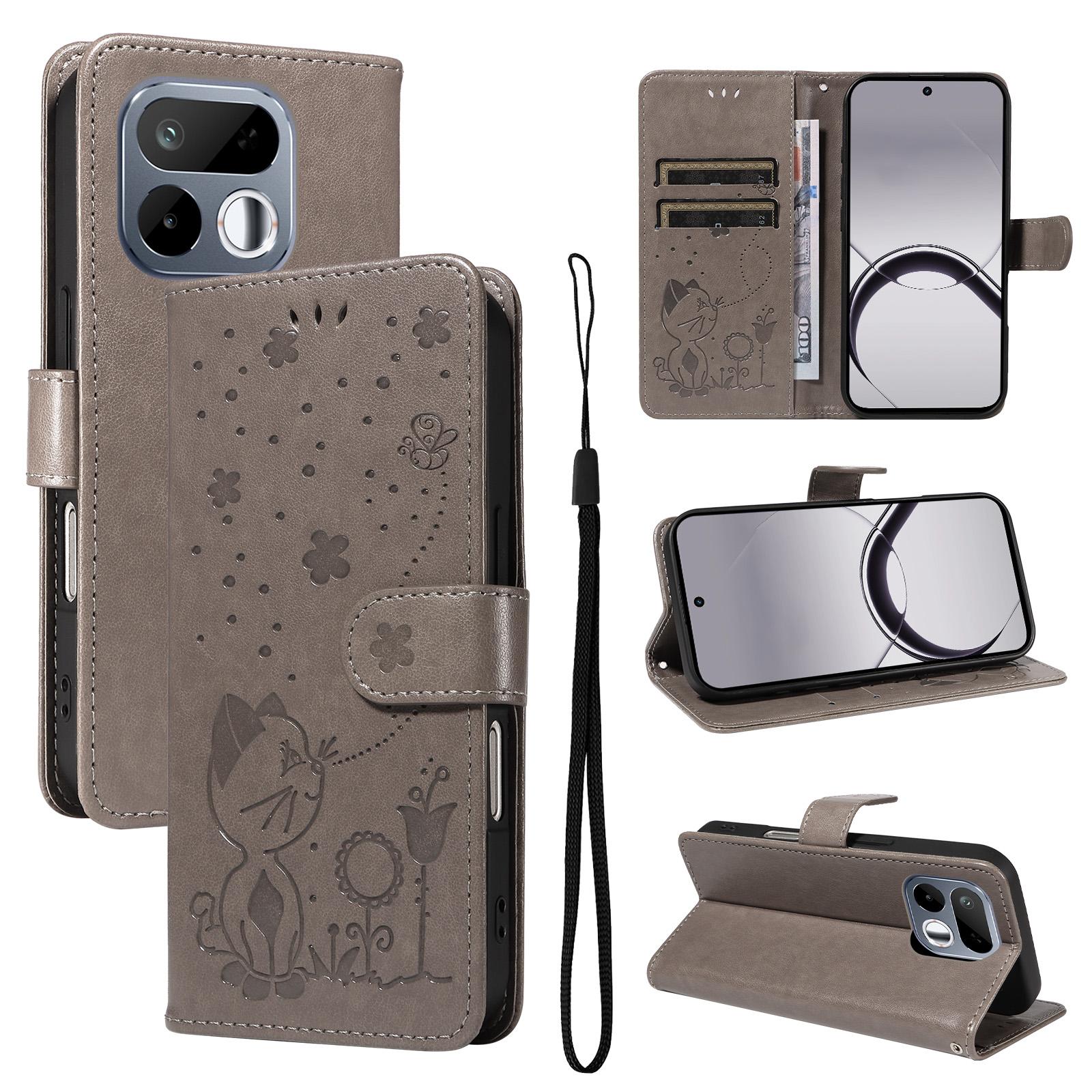 For Realme 16T 5G Cat and Bee Embossed Flip Leather Phone Case(Grey) - Shopkiz.com