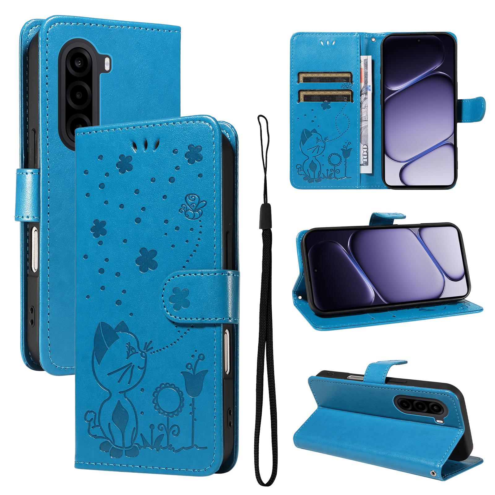 For Realme P4x 5G Cat and Bee Embossed Flip Leather Phone Case(Blue) - Shopkiz.com