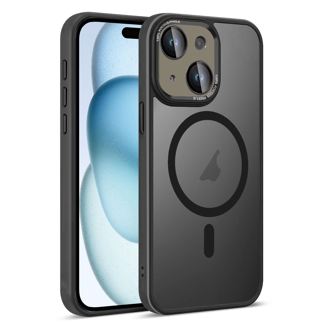 For iPhone 15 Plus Colorful Armor Lens Film Translucent Skin Feel MagSafe Phone Case(Black) - Shopkiz.com