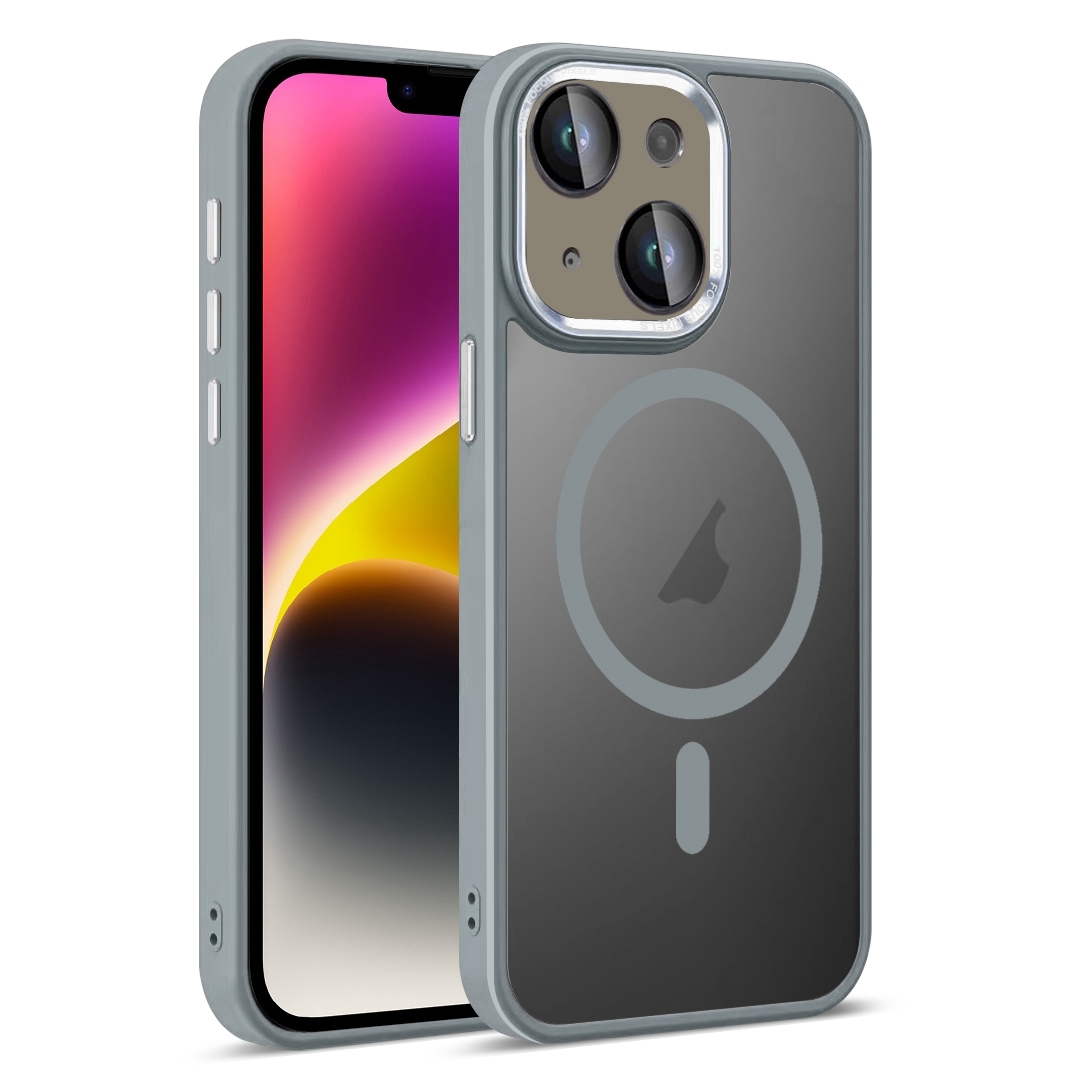 For iPhone 14 Plus Colorful Armor Lens Film Translucent Skin Feel MagSafe Phone Case(Grey) - Shopkiz.com