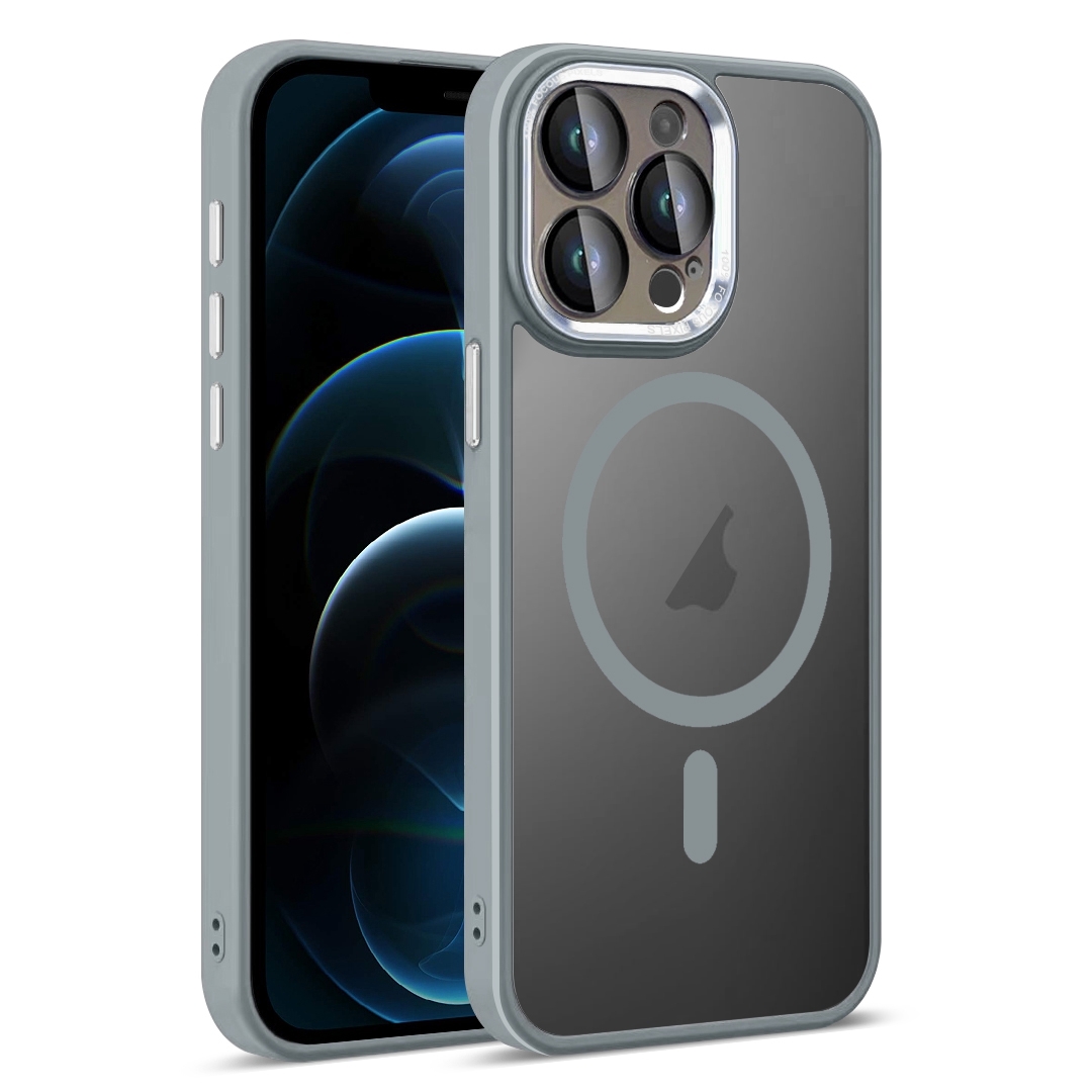 For iPhone 12 Pro Max Colorful Armor Lens Film Translucent Skin Feel MagSafe Phone Case(Grey) - Shopkiz.com