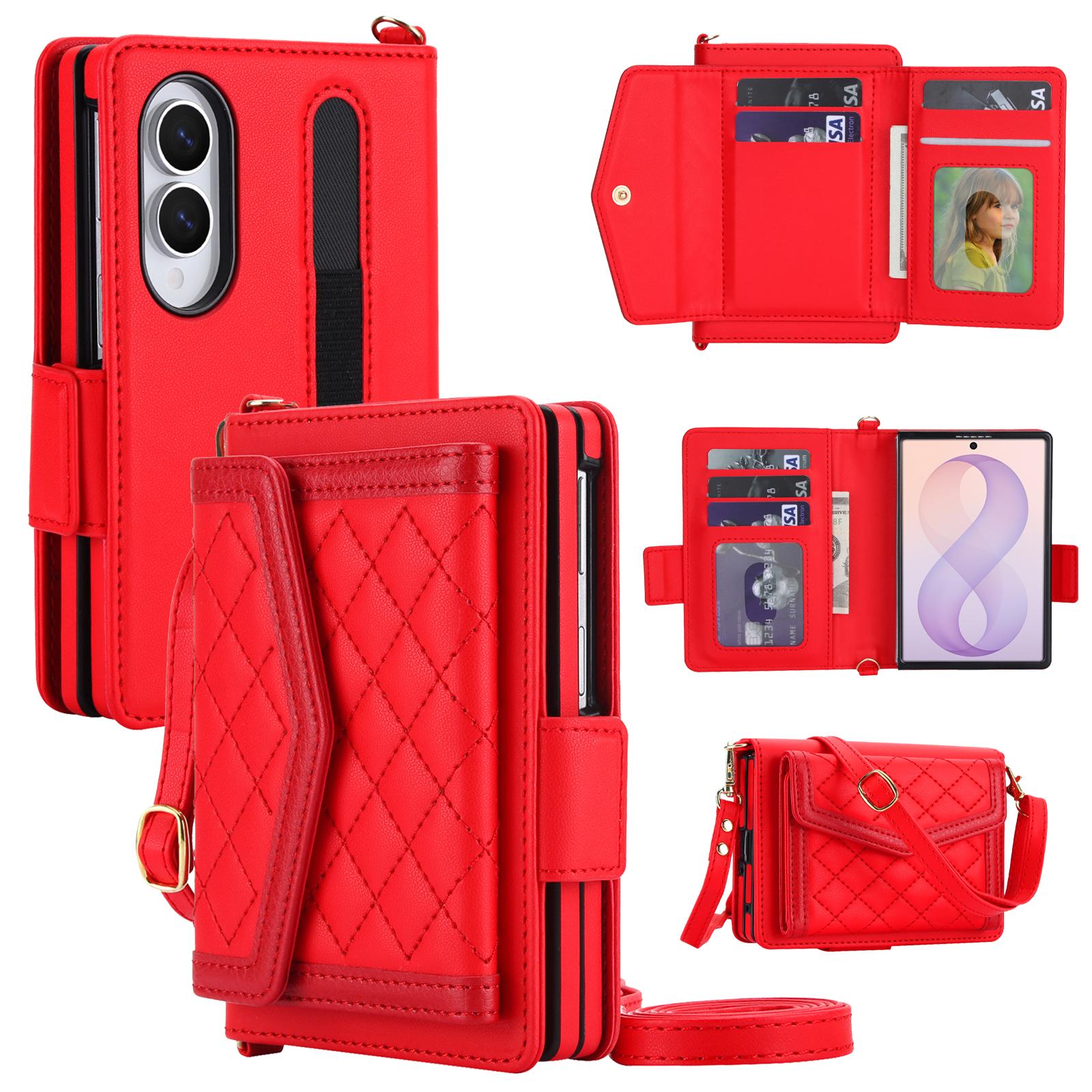 For Galaxy Z Fold8 5G Splicing Rhombic Texture Card Holder Phone Case with Lanyard, Not Included Pen(Red)