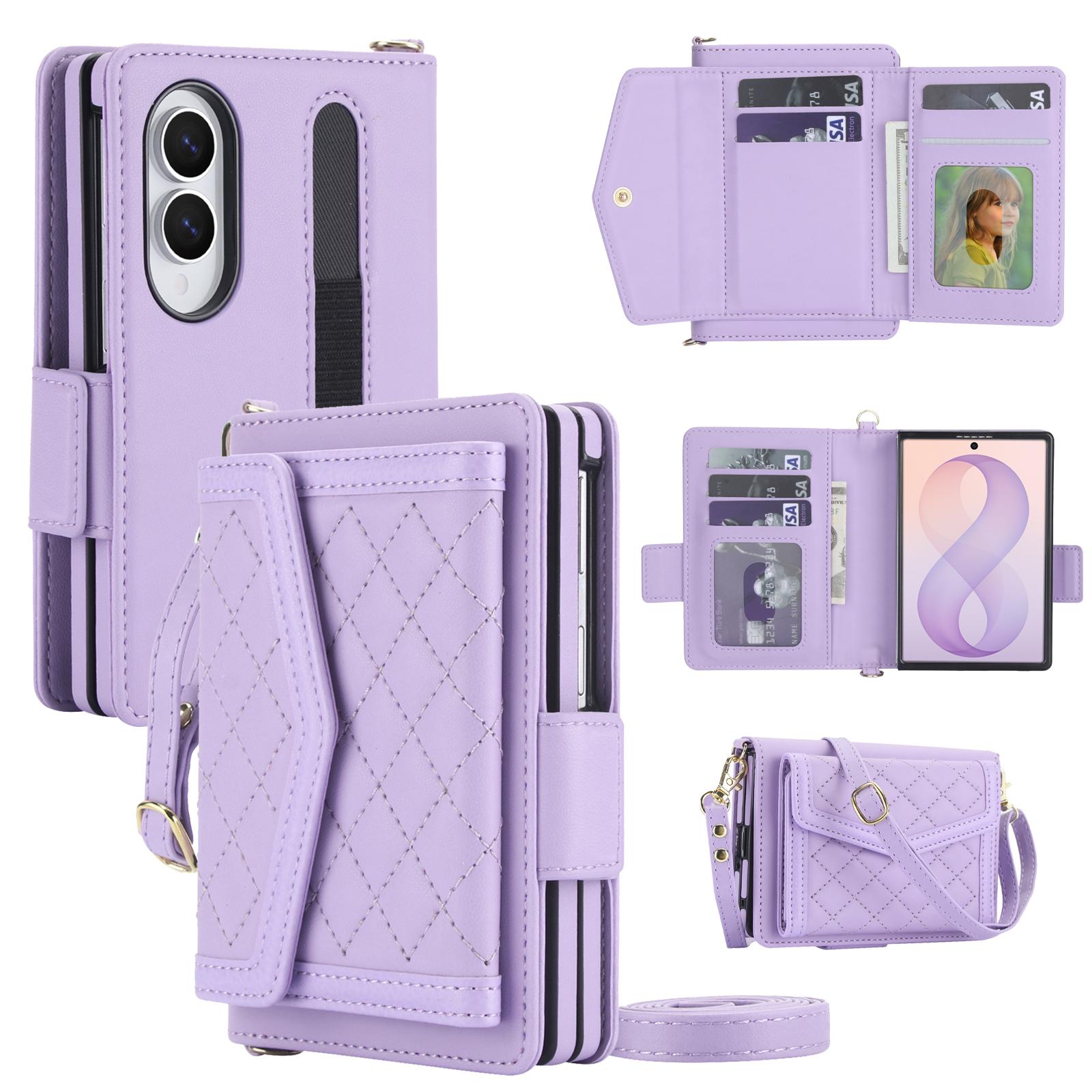 For Galaxy Z Fold8 5G Splicing Rhombic Texture Card Holder Phone Case with Lanyard, Not Included Pen(Purple) - Shopkiz.com