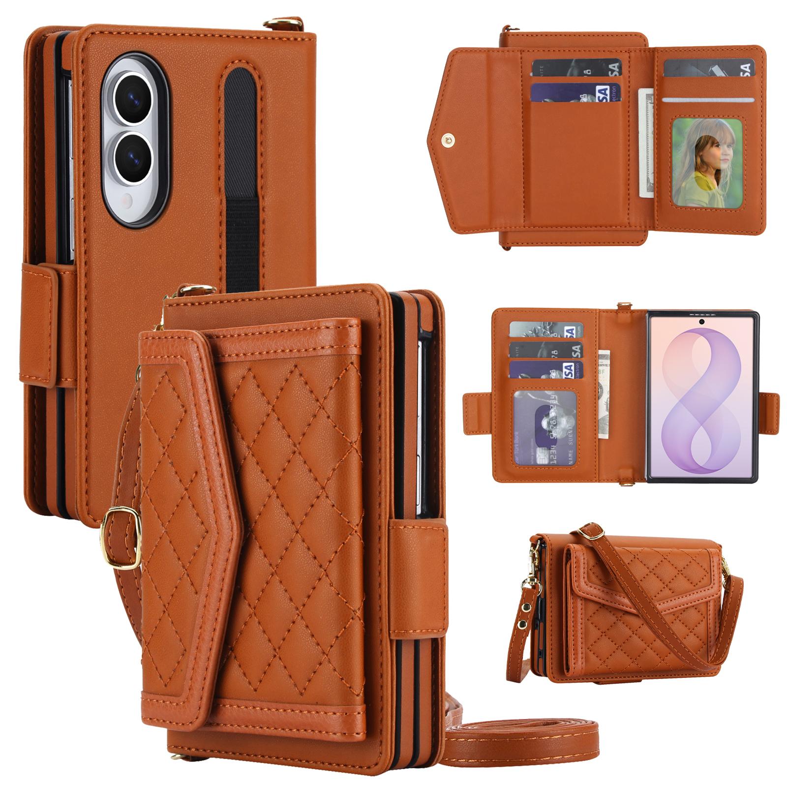 For Galaxy Z Fold8 5G Splicing Rhombic Texture Card Holder Phone Case with Lanyard, Not Included Pen(Brown) - Shopkiz.com