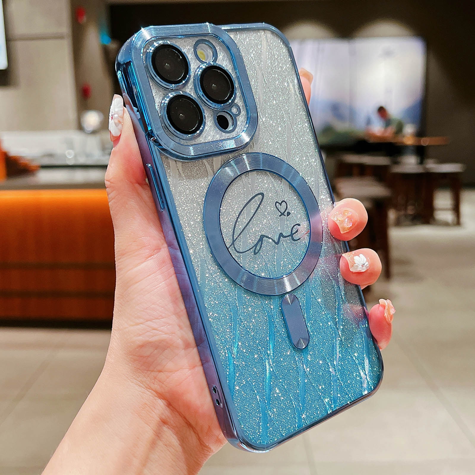 For iPhone 11 Pro Max Dual-Love Leaves Gradient Glitter Magsafe TPU Phone Case(Blue) - Shopkiz.com