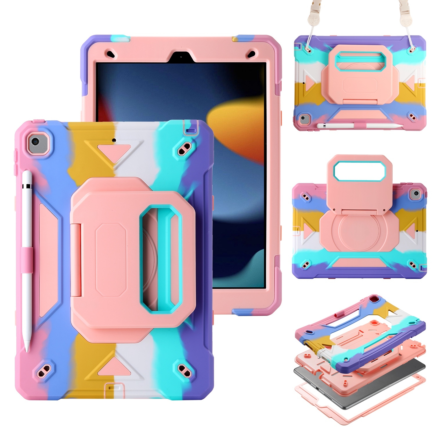 For iPad 10.2 2021 / 2020 / 2019 Legend Grip Holder Silicone Hybrid PC Tablet Case with Strap(Rainbow) - Shopkiz.com