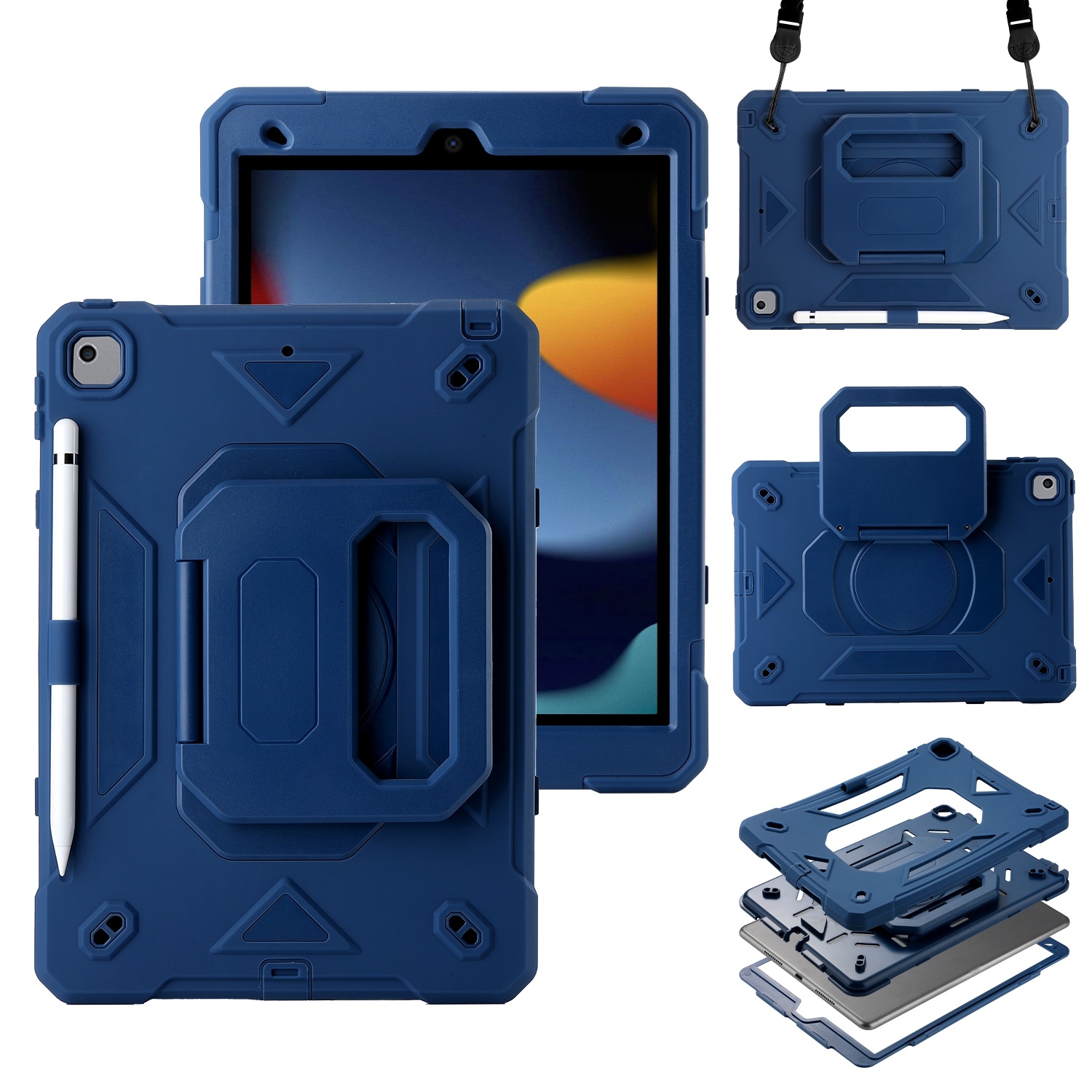 For iPad 10.2 2021 / 2020 / 2019 Legend Grip Holder Silicone Hybrid PC Tablet Case with Strap(Navy Blue) - Shopkiz.com