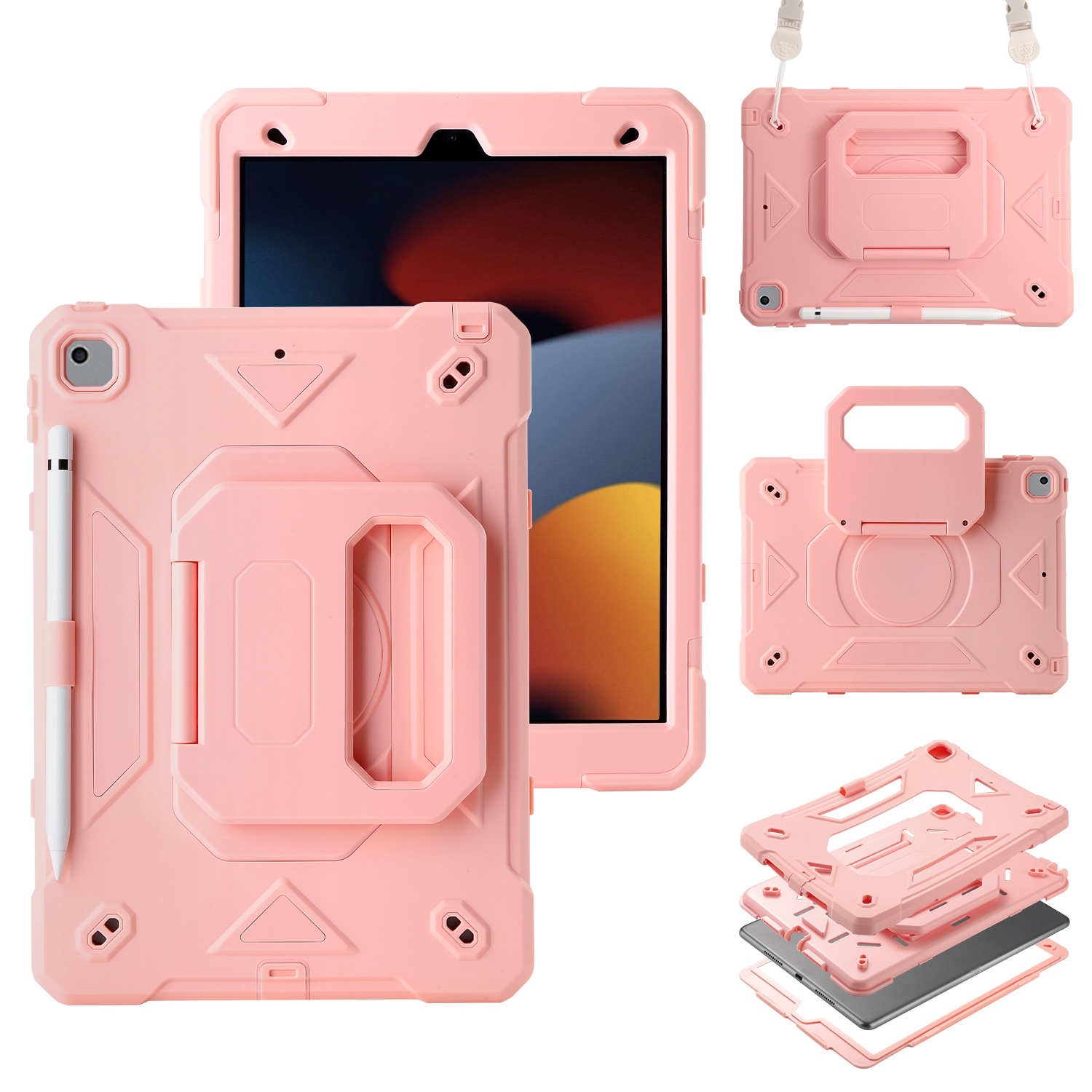 For iPad 10.2 2021 / 2020 / 2019 Legend Grip Holder Silicone Hybrid PC Tablet Case with Strap(Pink) - Shopkiz.com