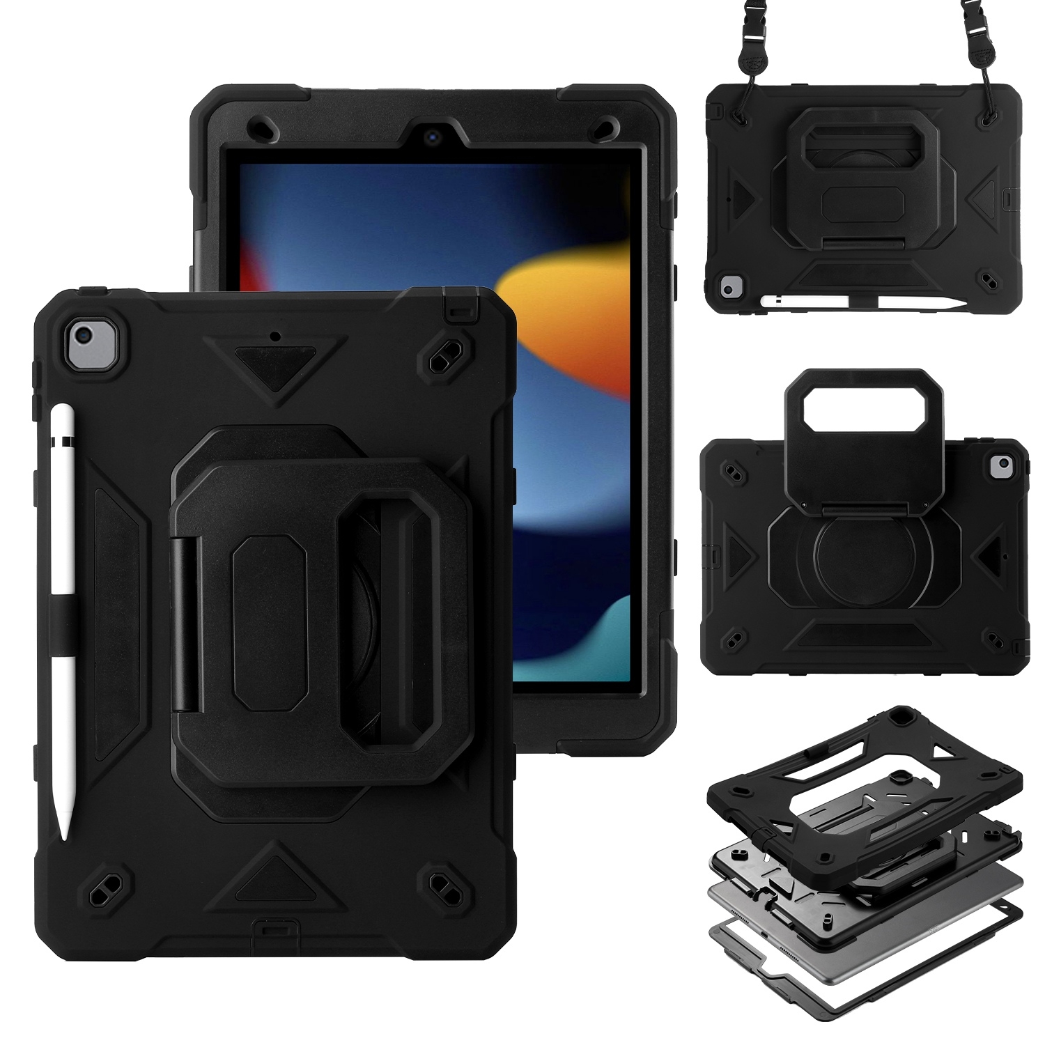 For iPad 10.2 2021 / 2020 / 2019 Legend Grip Holder Silicone Hybrid PC Tablet Case with Strap(Black) - Shopkiz.com