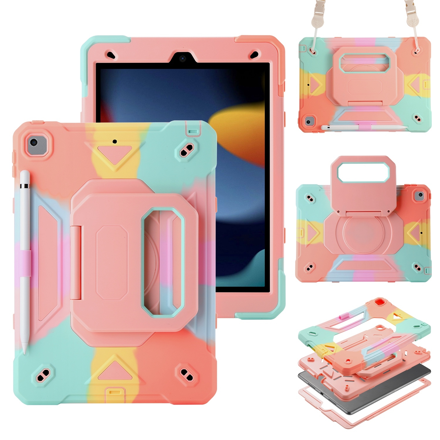 For iPad 10.2 2021 / 2020 / 2019 Legend Grip Holder Silicone Hybrid PC Tablet Case with Strap(Colorful Pink) - Shopkiz.com
