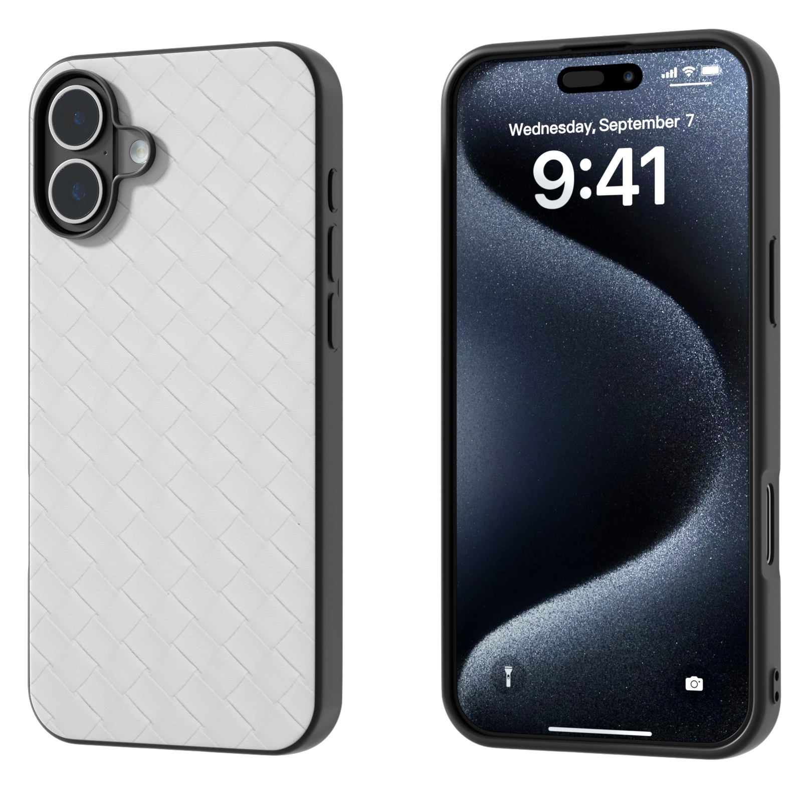 For iPhone 16 Black Frame Woven Texture PU Phone Case(White) - Shopkiz.com