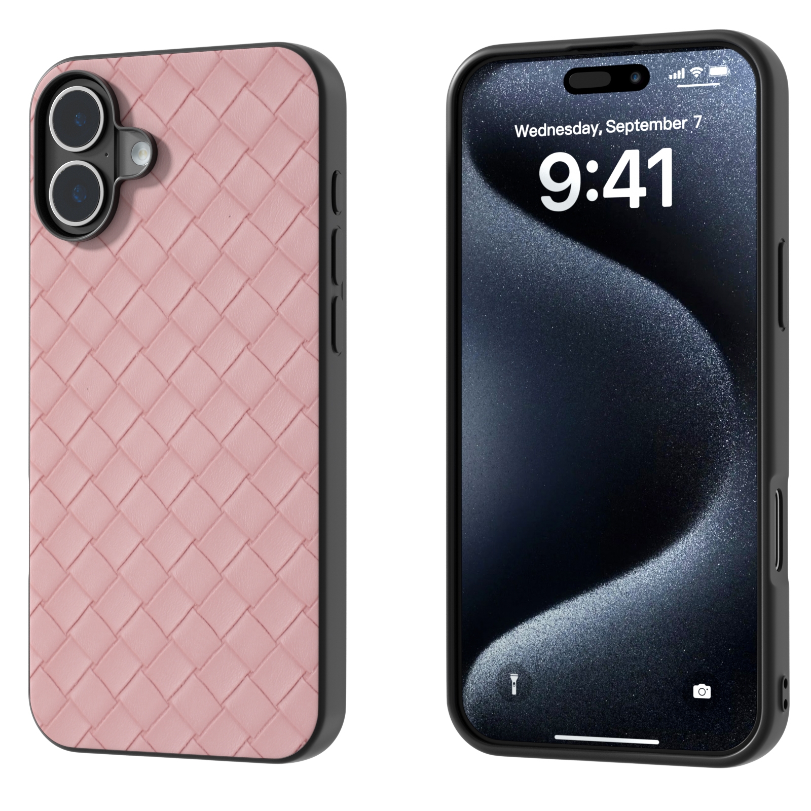 For iPhone 16 Plus Black Frame Woven Texture PU Phone Case(Pink) - Shopkiz.com
