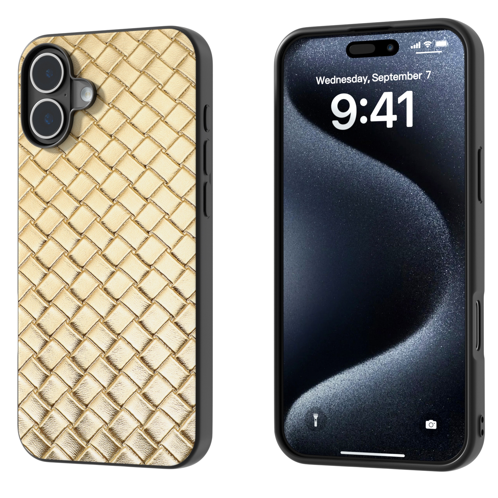 For iPhone 16 Plus Black Frame Woven Texture PU Phone Case(Gold) - Shopkiz.com