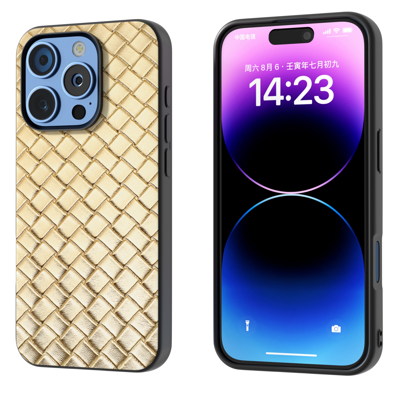 For iPhone 16 Pro Max Black Frame Woven Texture PU Phone Case(Gold) - Shopkiz.com