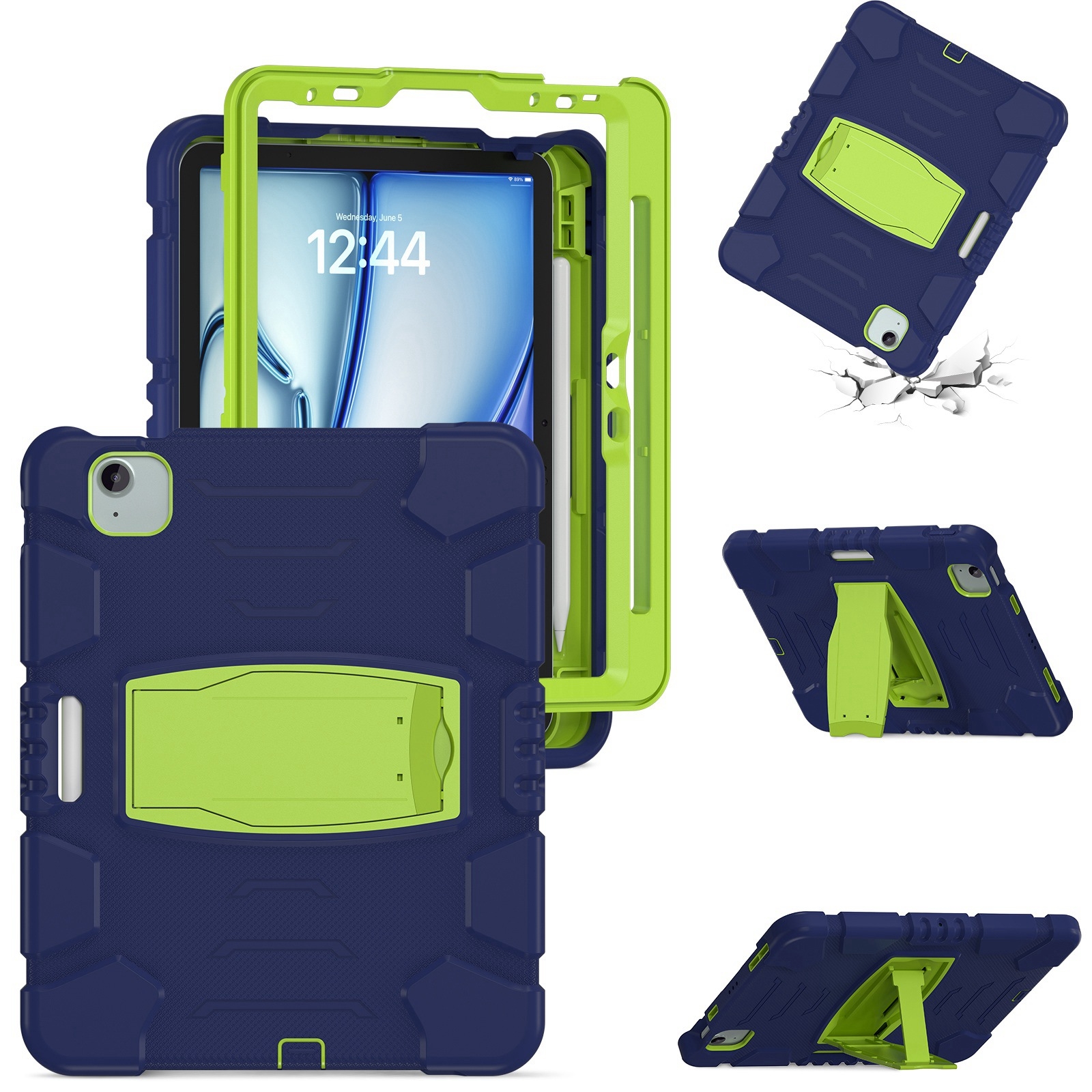 For iPad Air 11 2026 / 2025 / 2024 3-Layer Silicone Hybrid PC Tablet Case(Navy Blue Lime) - Shopkiz.com