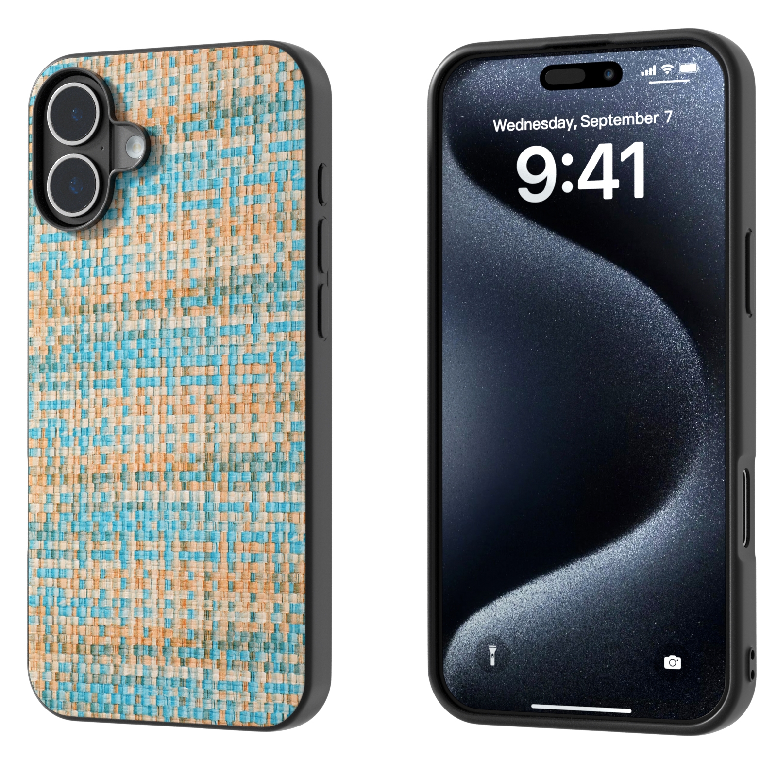 For iPhone 16 Plus Black Frame Color Lattice Texture PU Phone Case(Blue) - Shopkiz.com