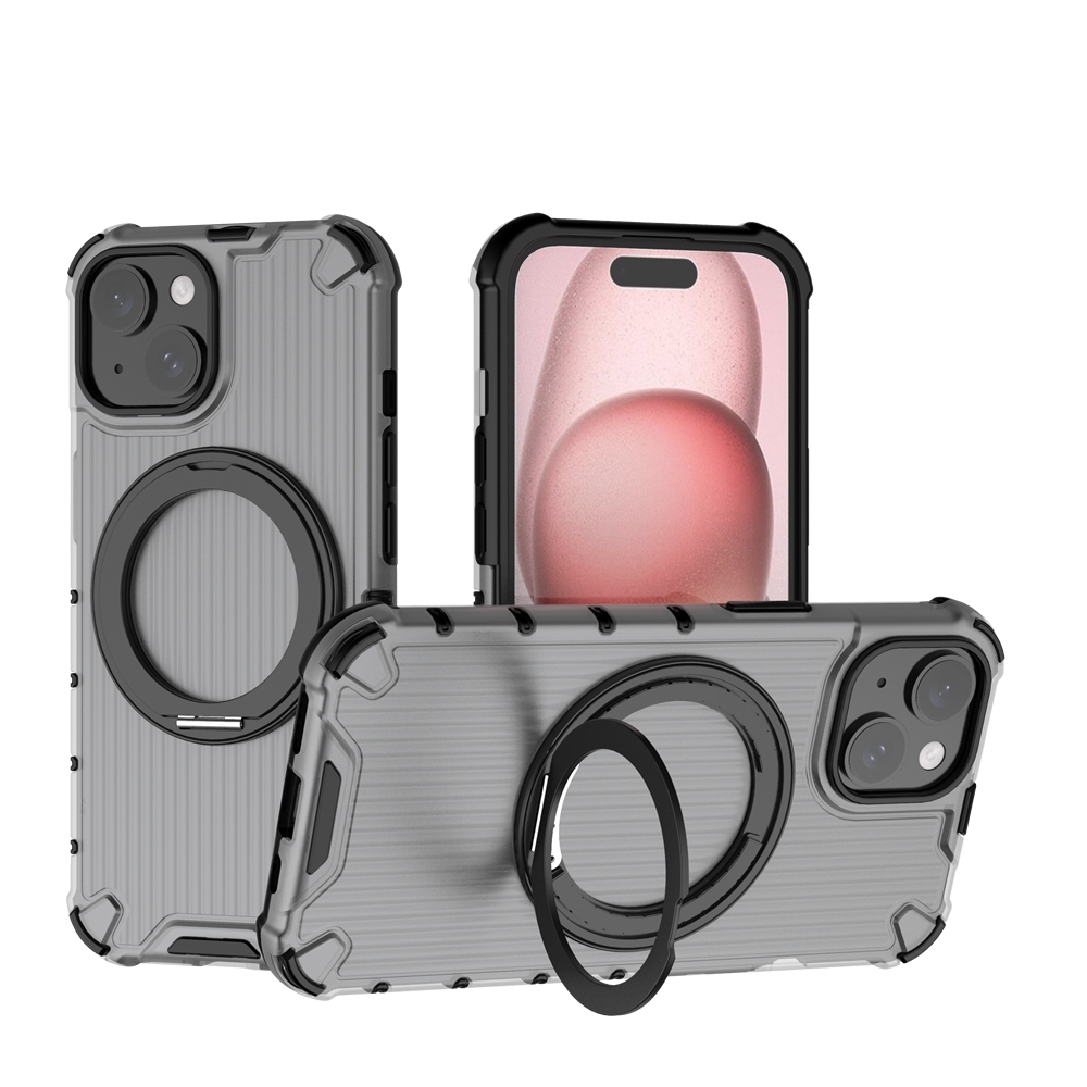 For iPhone 15 Grating 360 Degree Rotating Holder Shockproof Phone Case(Black) - Shopkiz.com