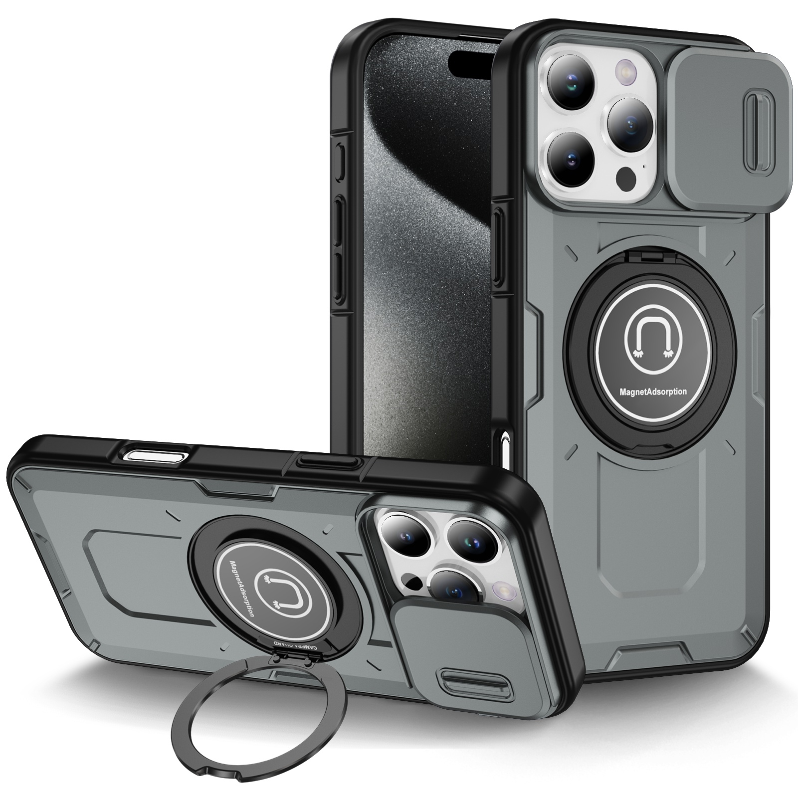 For iPhone 16 Pro Sliding Camshield TPU Hybrid PC Magnetic Holder Phone Case(Grey) - Shopkiz.com