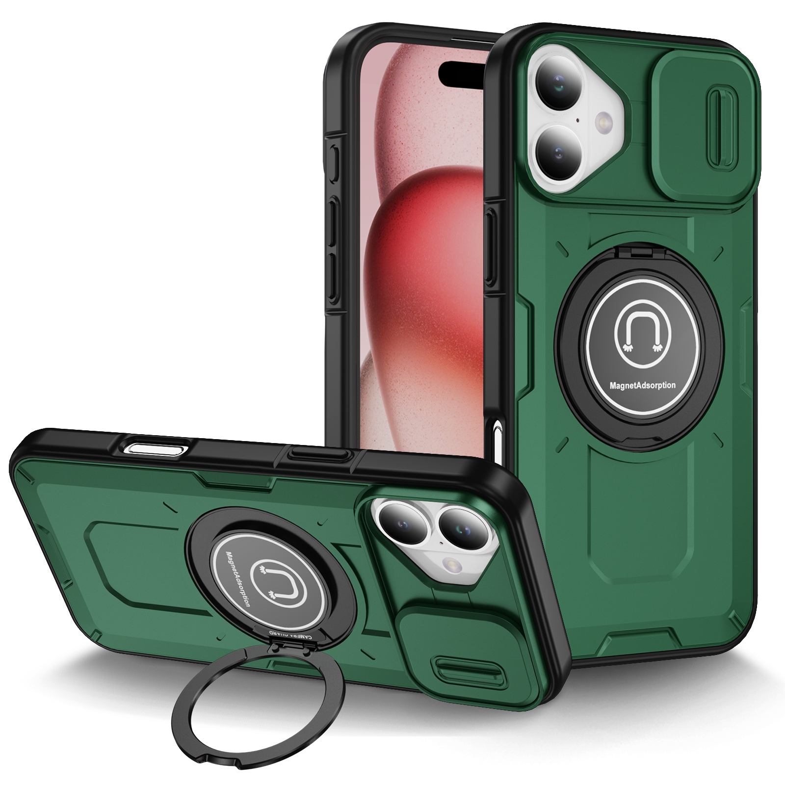 For iPhone 16 Plus Sliding Camshield TPU Hybrid PC Magnetic Holder Phone Case(Dark Green) - Shopkiz.com