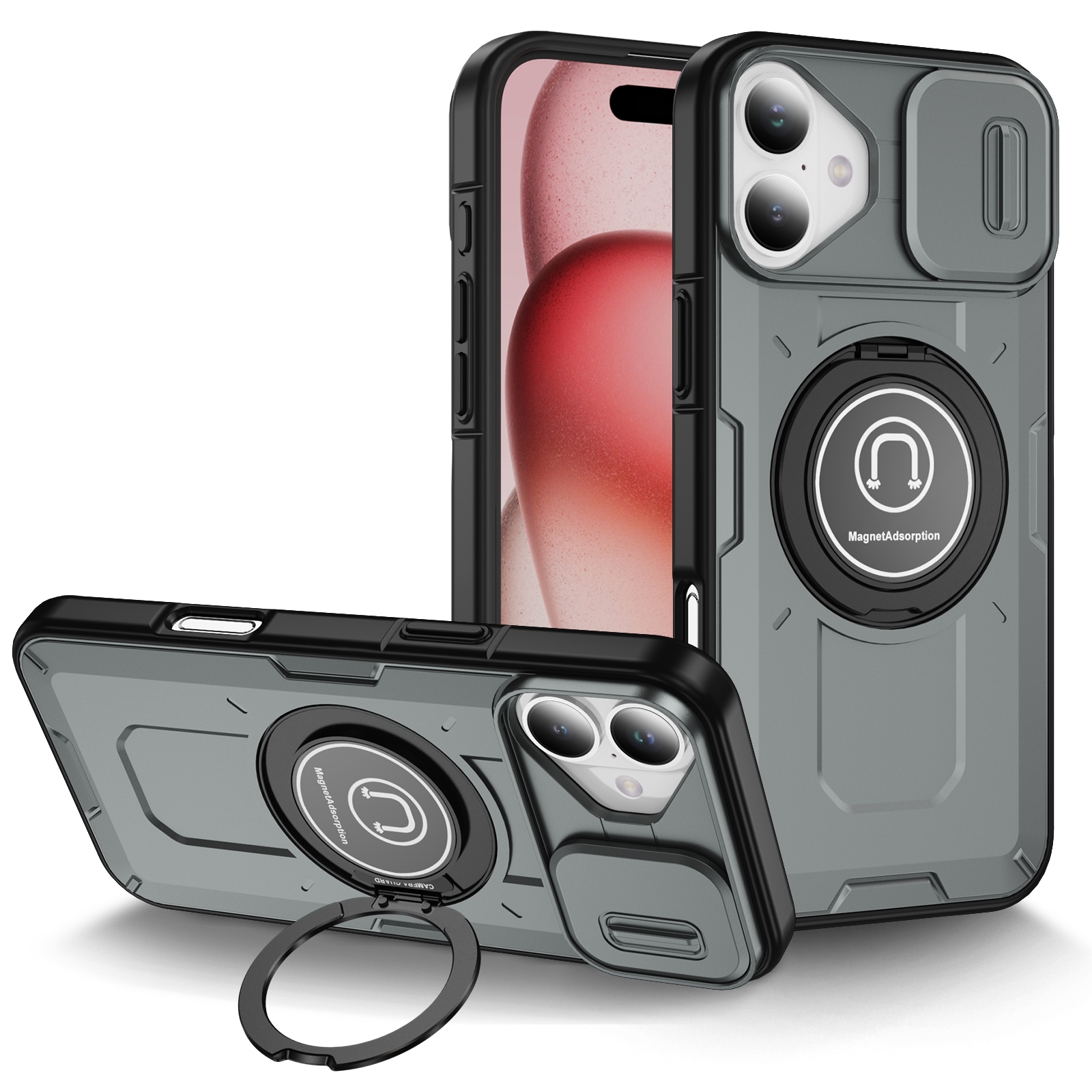 For iPhone 16 Plus Sliding Camshield TPU Hybrid PC Magnetic Holder Phone Case(Grey) - Shopkiz.com