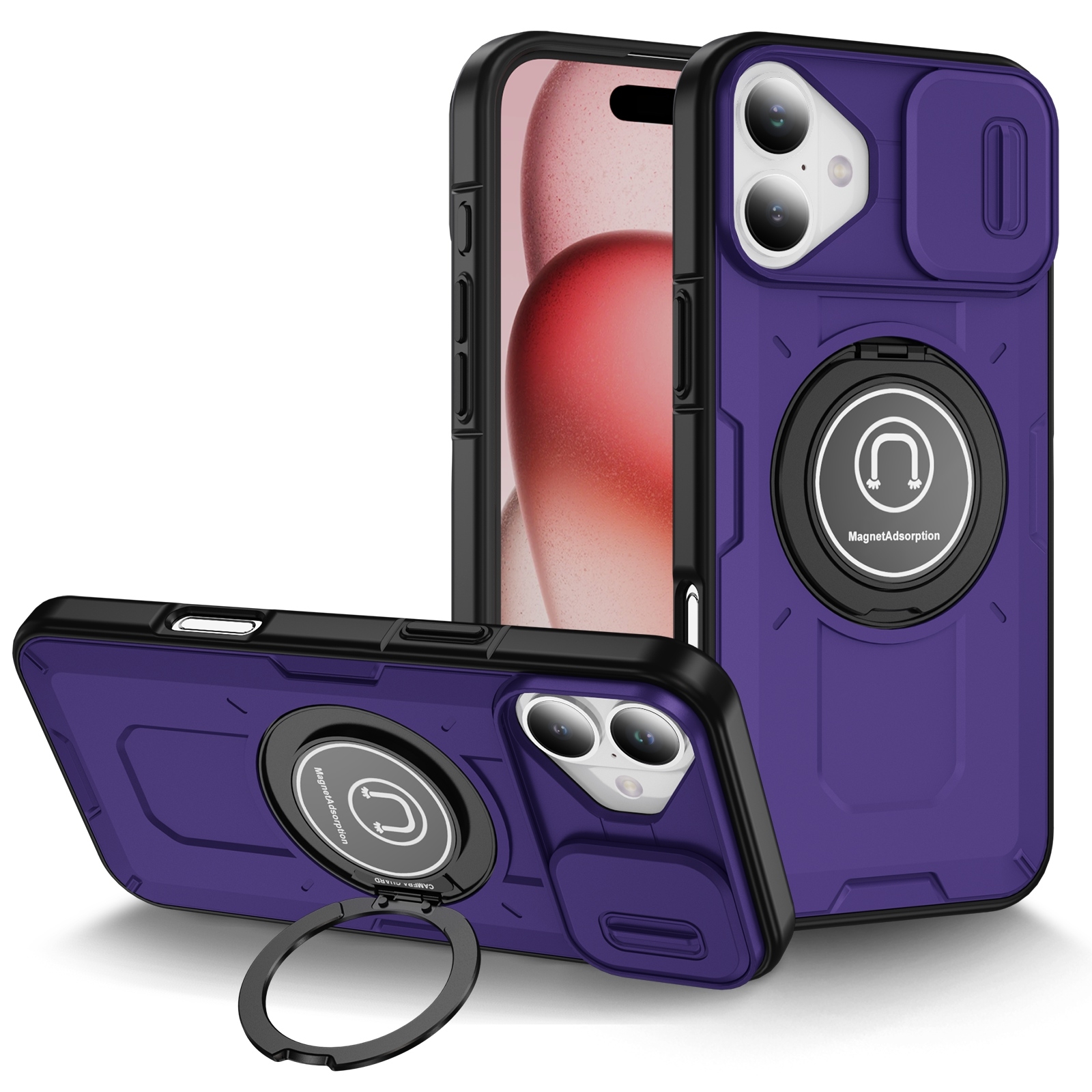 For iPhone 16 Plus Sliding Camshield TPU Hybrid PC Magnetic Holder Phone Case(Purple) - Shopkiz.com