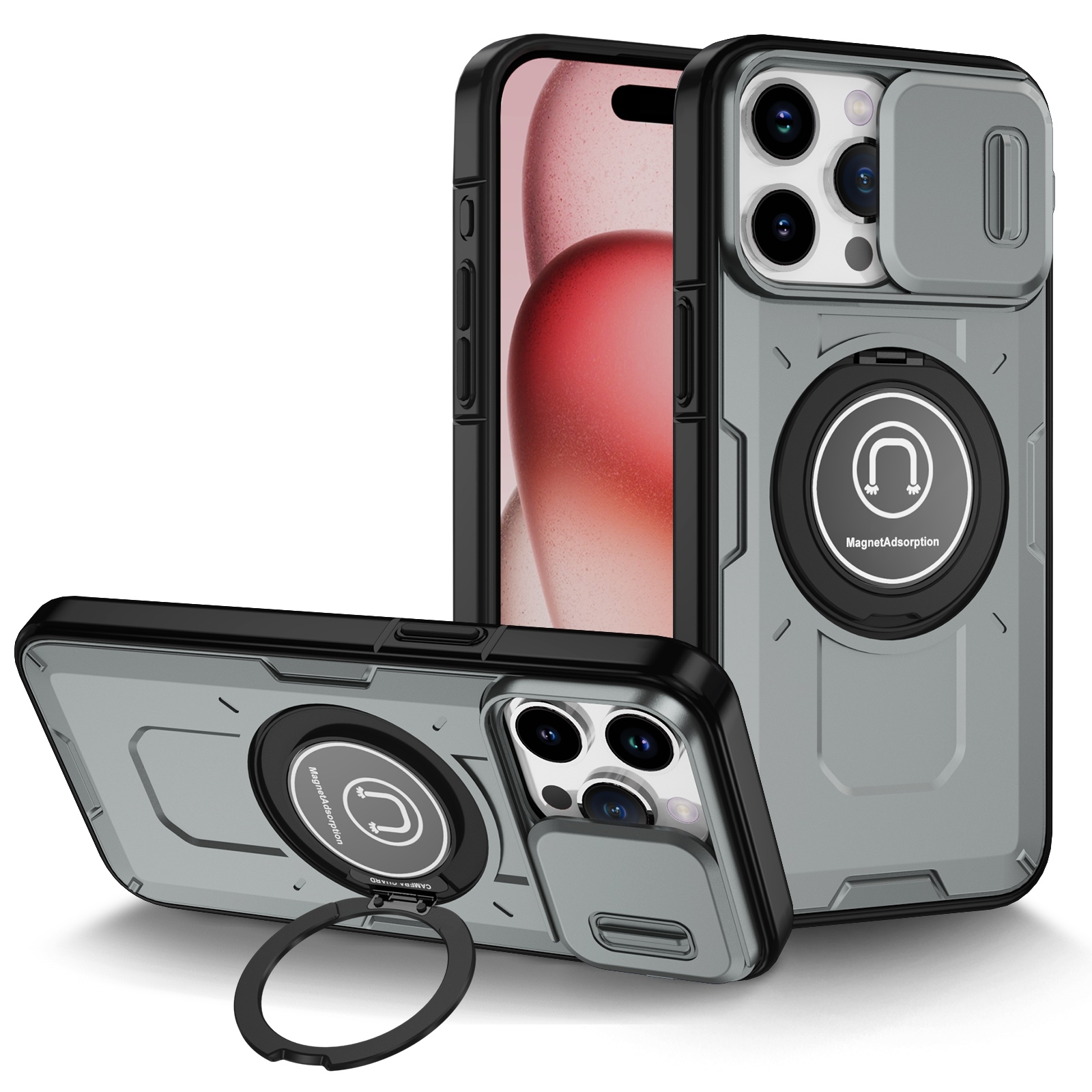 For iPhone 15 Pro Max Sliding Camshield TPU Hybrid PC Magnetic Holder Phone Case(Grey) - Shopkiz.com