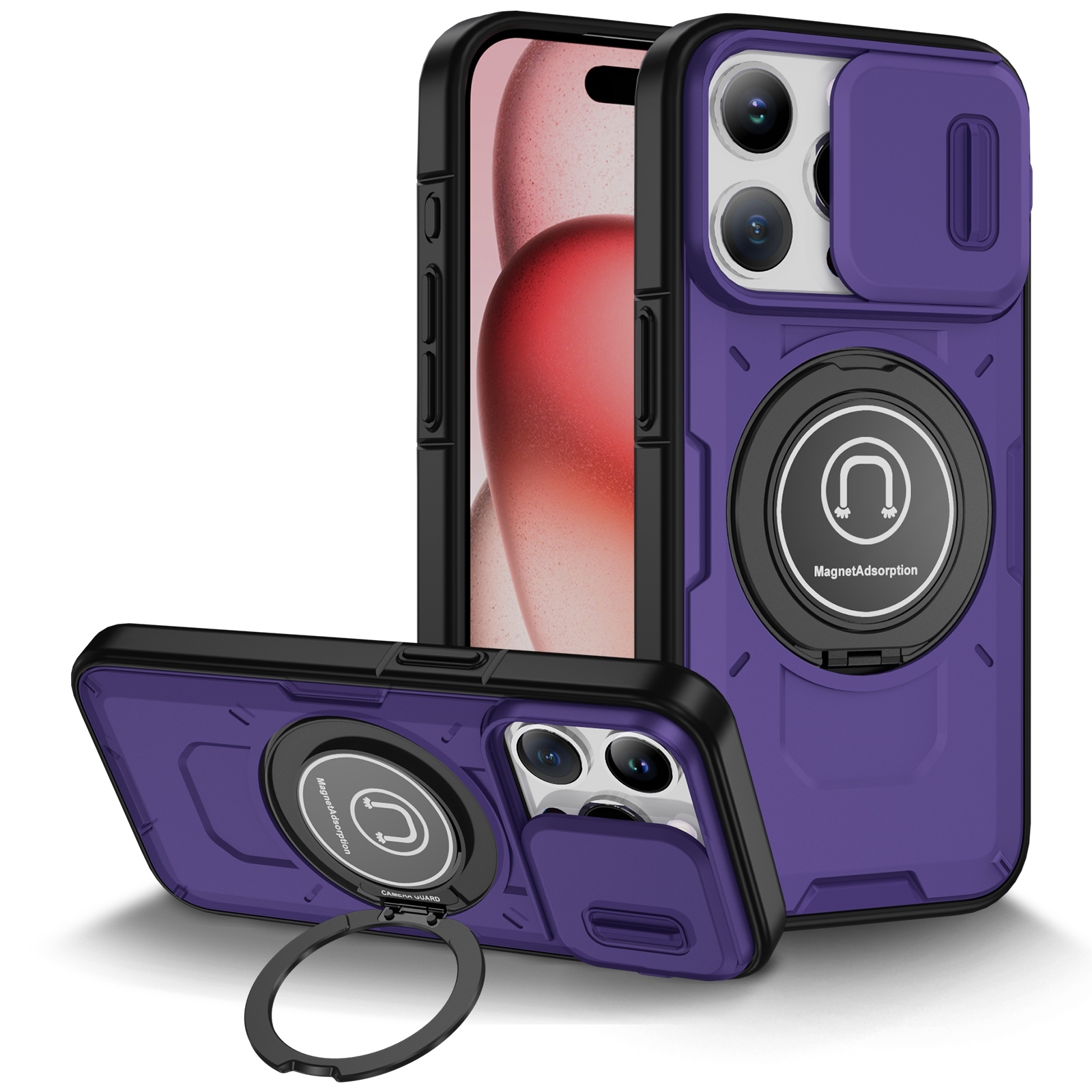 For iPhone 15 Pro Sliding Camshield TPU Hybrid PC Magnetic Holder Phone Case(Purple) - Shopkiz.com