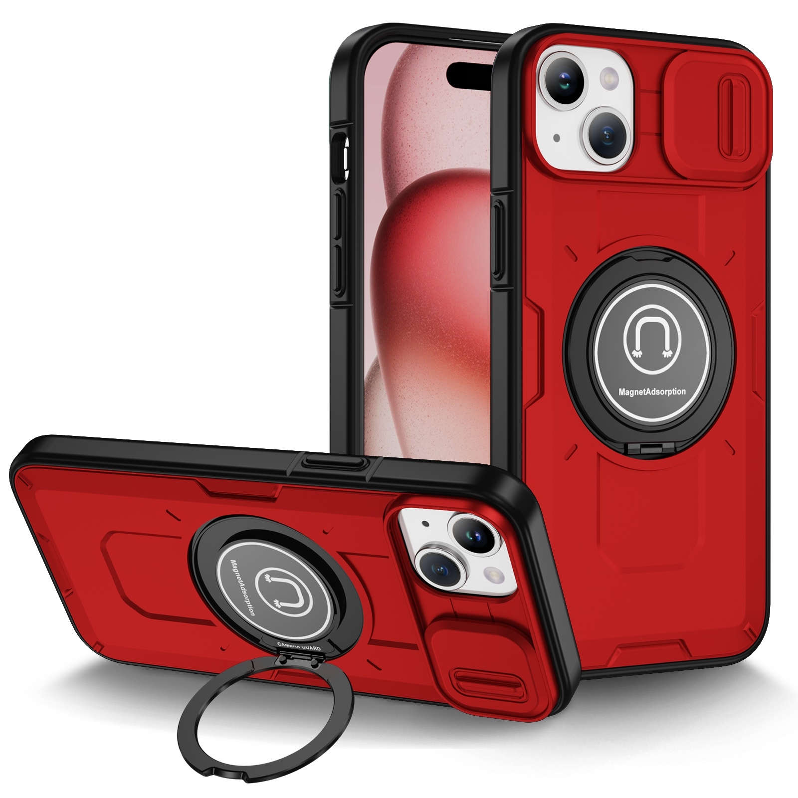 For iPhone 15 Plus Sliding Camshield TPU Hybrid PC Magnetic Holder Phone Case(Red) - Shopkiz.com