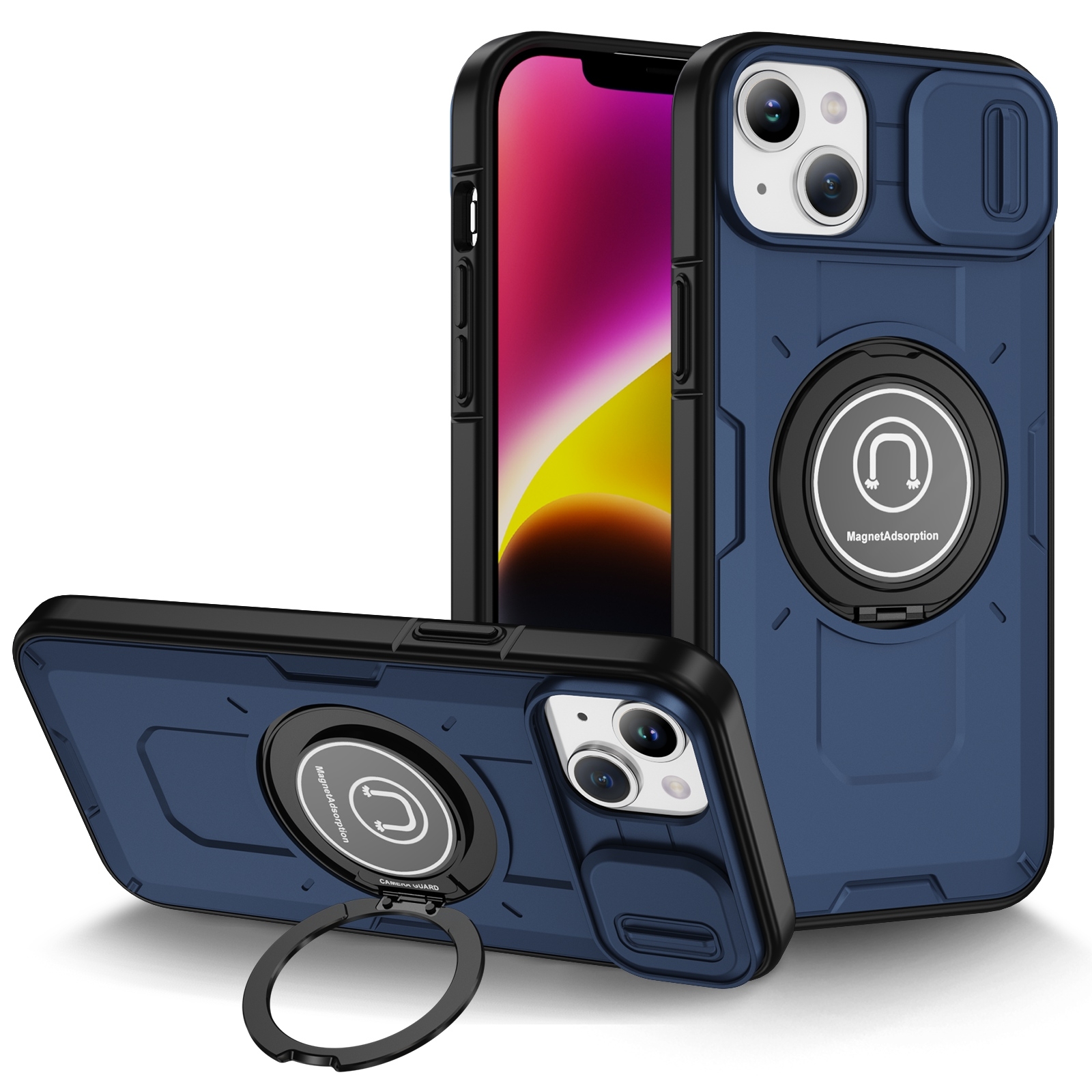 For iPhone 14 Plus Sliding Camshield TPU Hybrid PC Magnetic Holder Phone Case(Dark Blue) - Shopkiz.com