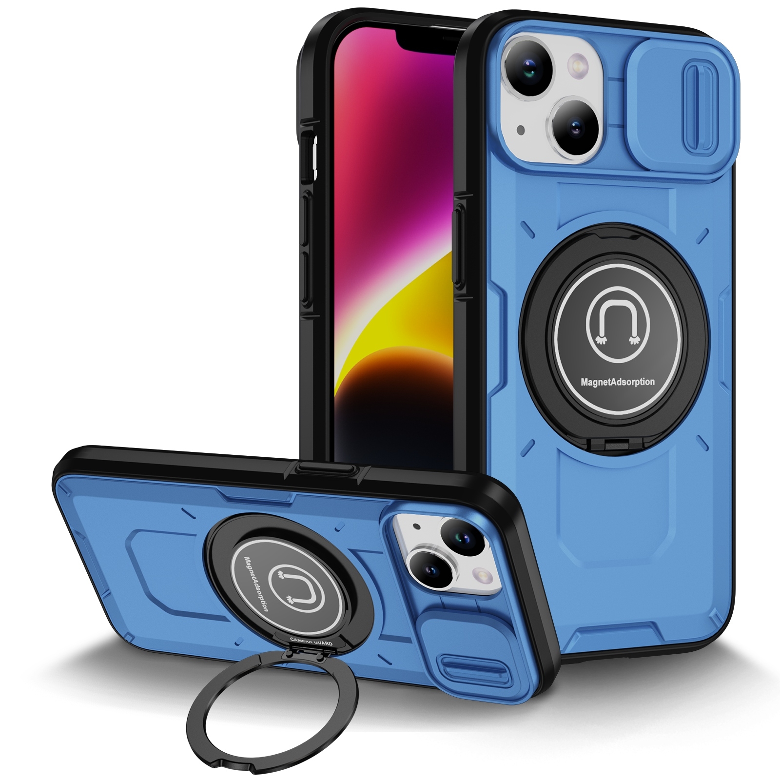 For iPhone 14 Sliding Camshield TPU Hybrid PC Magnetic Holder Phone Case(Sky Blue) - Shopkiz.com