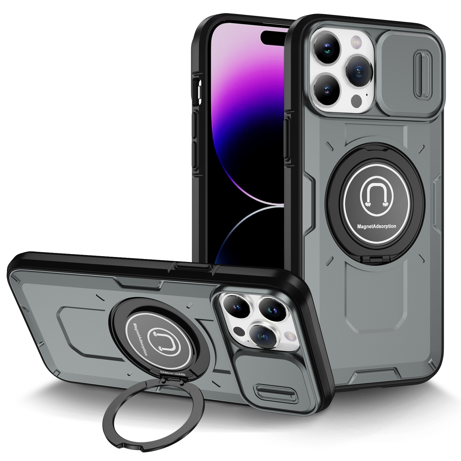 For iPhone 14 Pro Max Sliding Camshield TPU Hybrid PC Magnetic Holder Phone Case(Grey) - Shopkiz.com