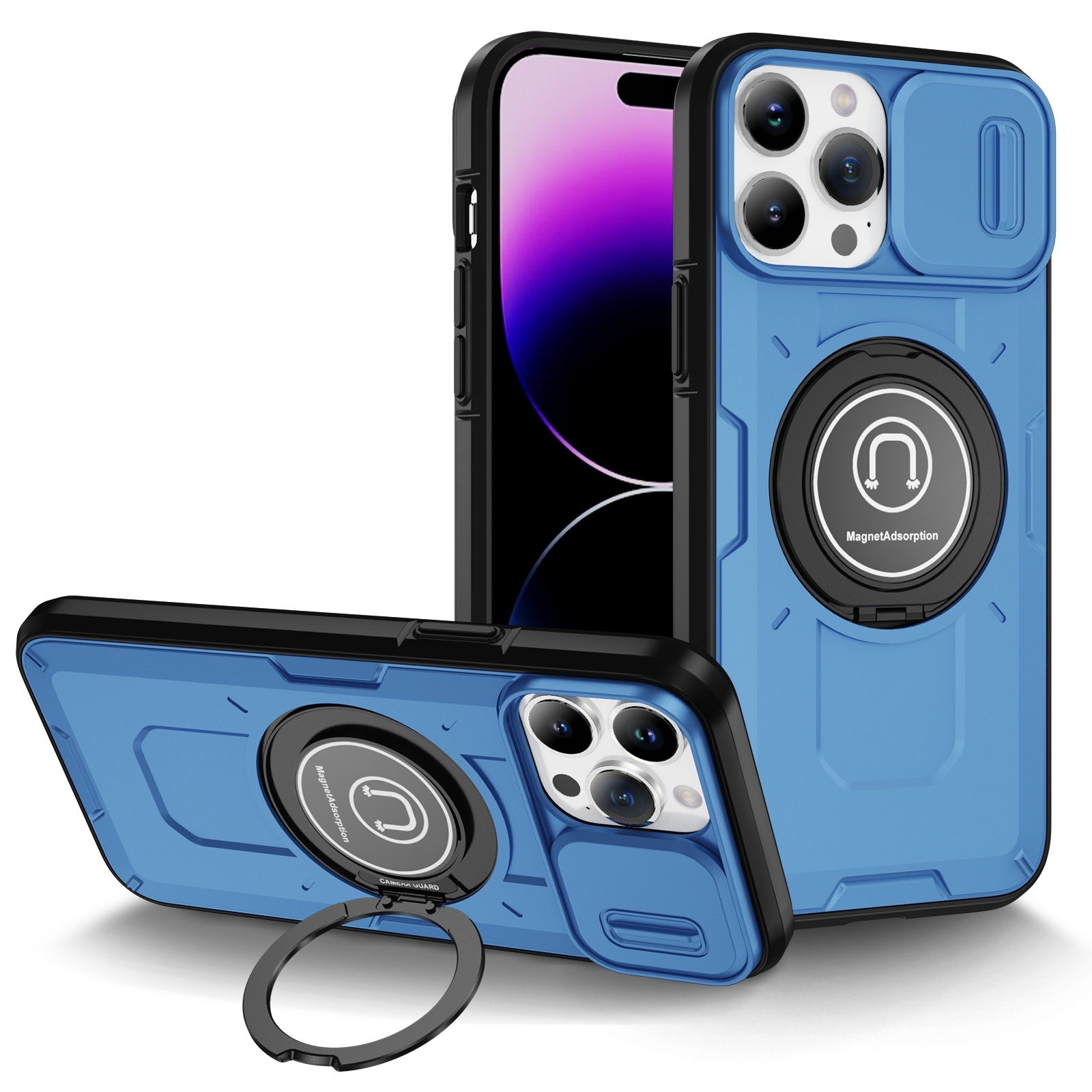For iPhone 14 Pro Max Sliding Camshield TPU Hybrid PC Magnetic Holder Phone Case(Sky Blue) - Shopkiz.com