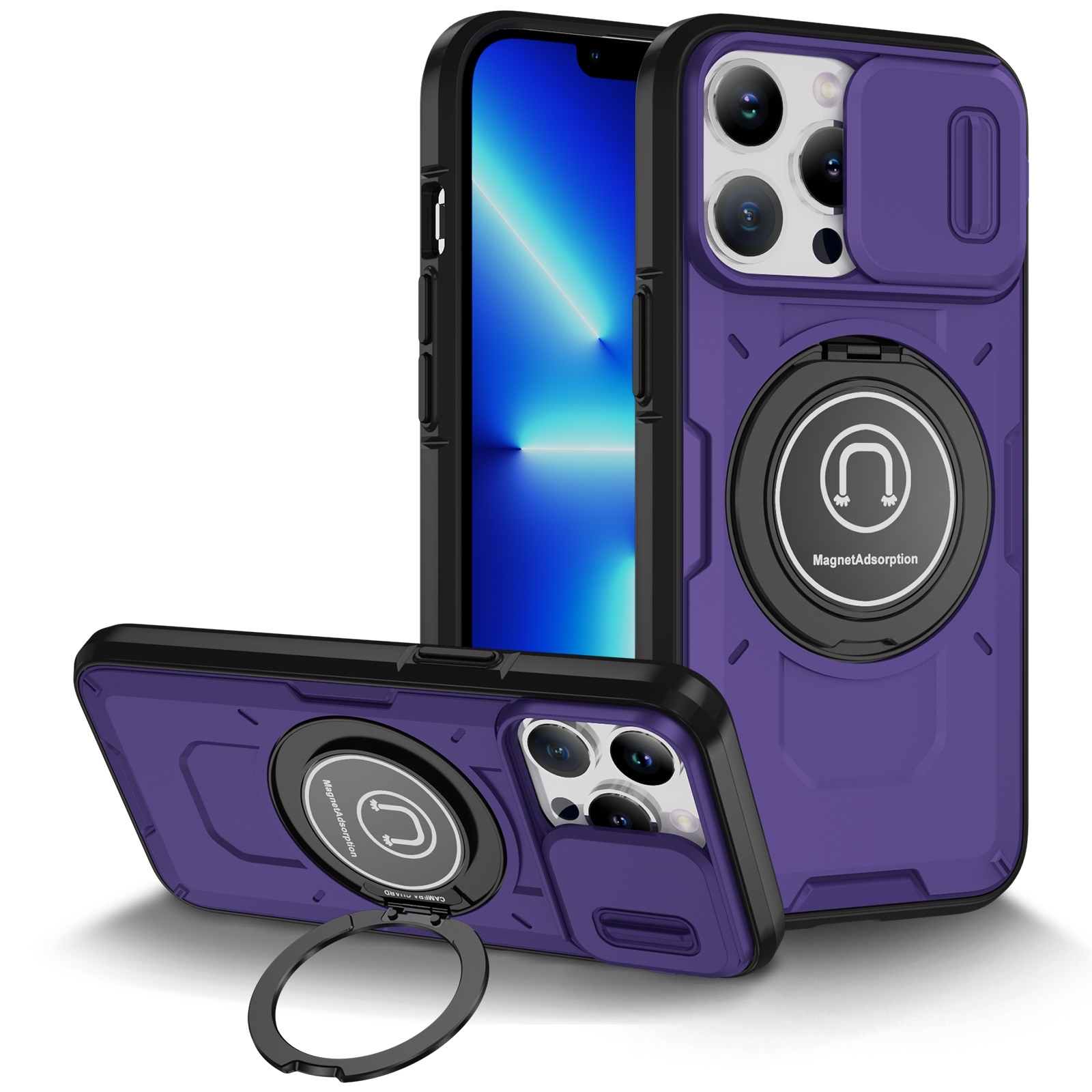For iPhone 13 Pro Sliding Camshield TPU Hybrid PC Magnetic Holder Phone Case(Purple) - Shopkiz.com