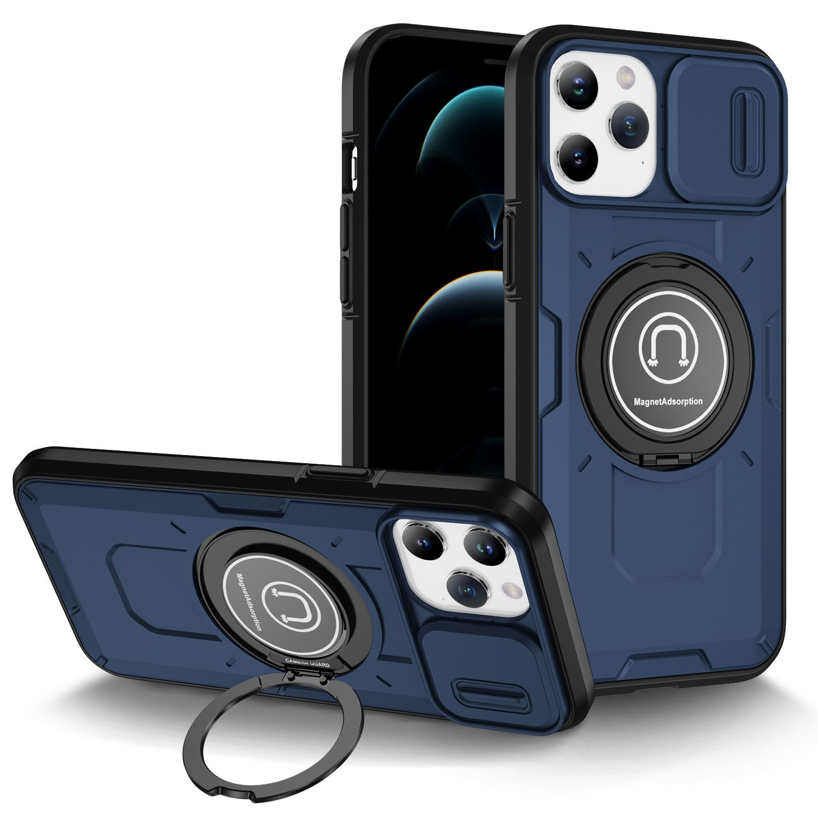 For iPhone 12 Pro Sliding Camshield TPU Hybrid PC Magnetic Holder Phone Case(Dark Blue) - Shopkiz.com