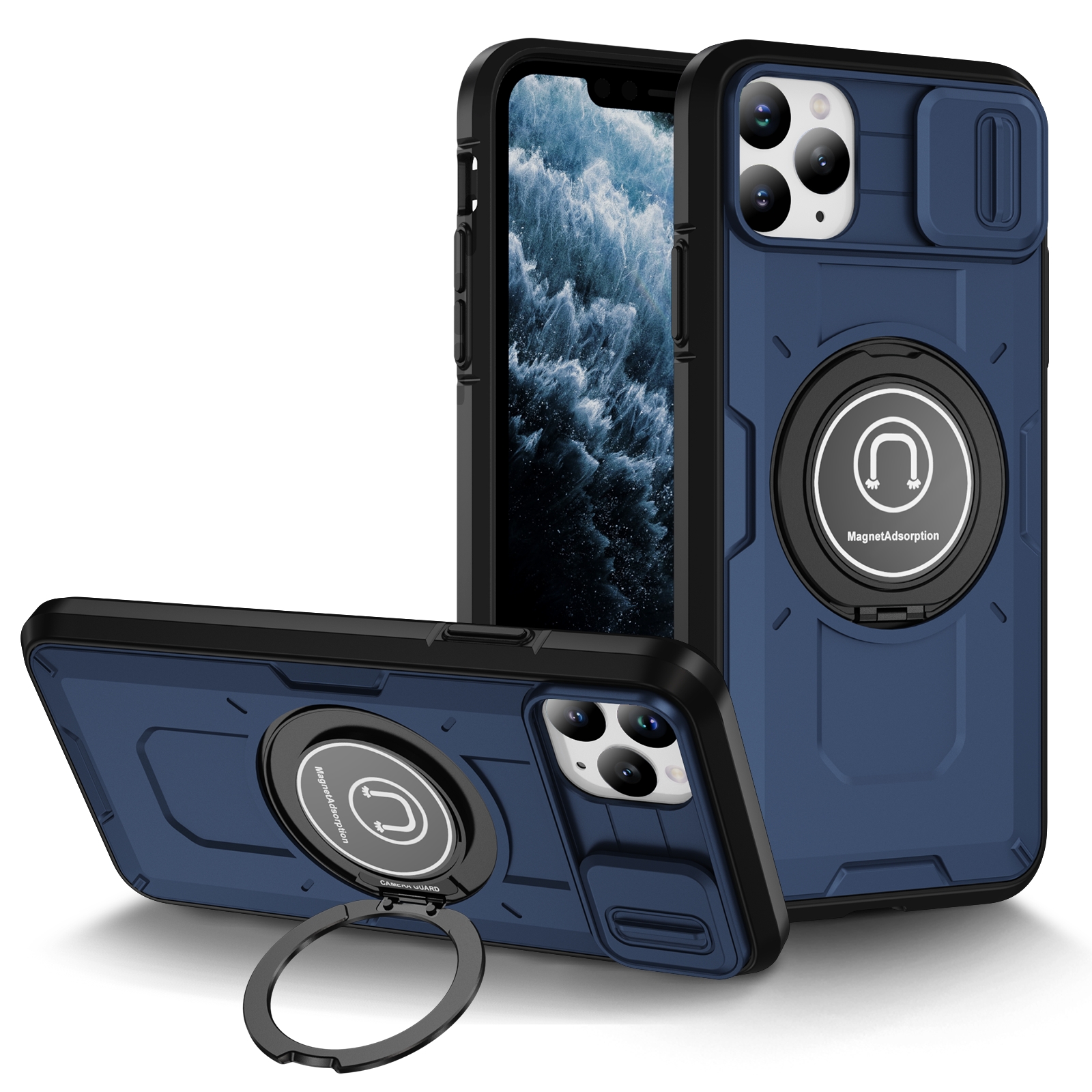 For iPhone 11 Pro Sliding Camshield TPU Hybrid PC Magnetic Holder Phone Case(Dark Blue) - Shopkiz.com