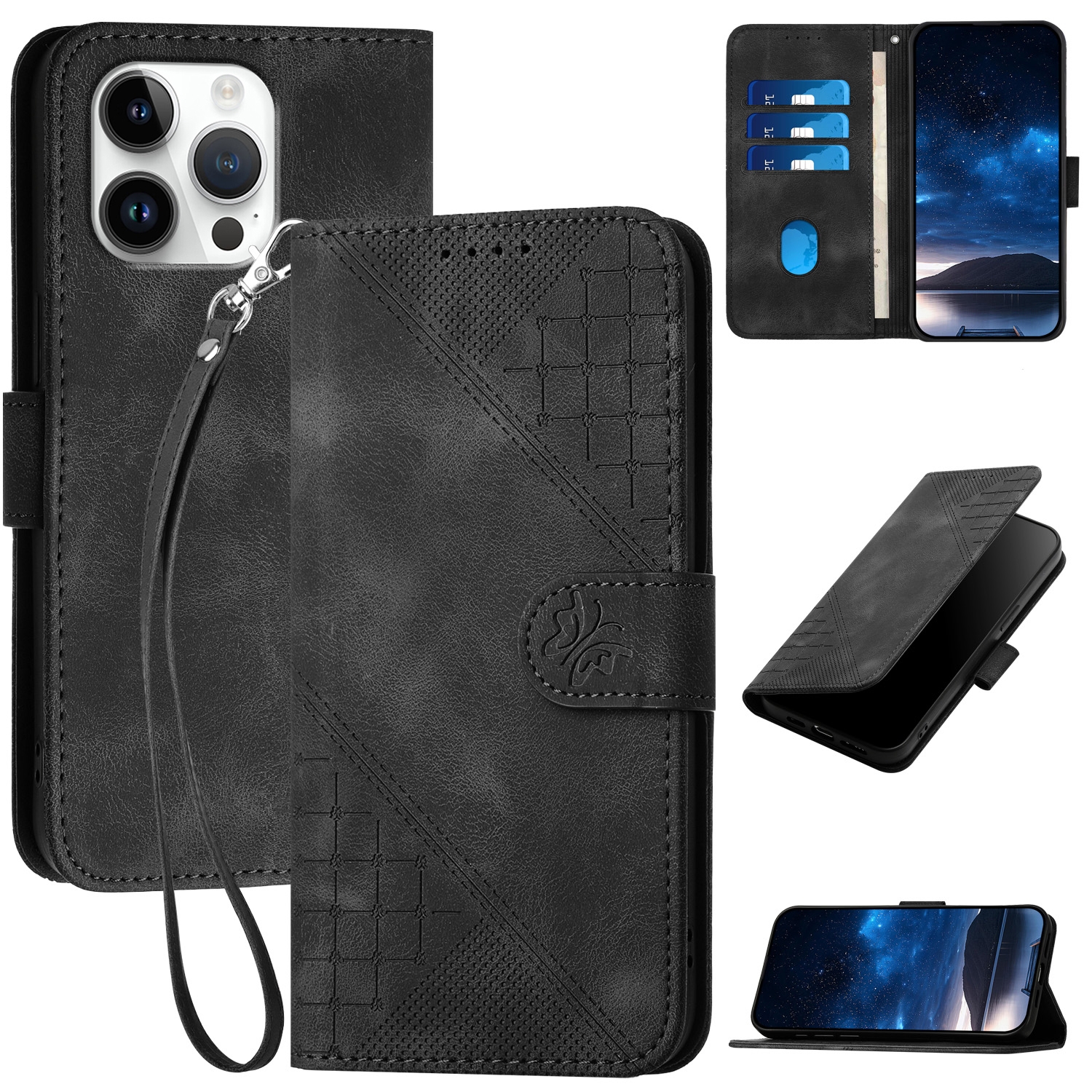 For iPhone 16 Pro Max YX0080 Grid Butterfly Embossed Pattern Flip Leather Phone Case with Lanyard(Black) - Shopkiz.com