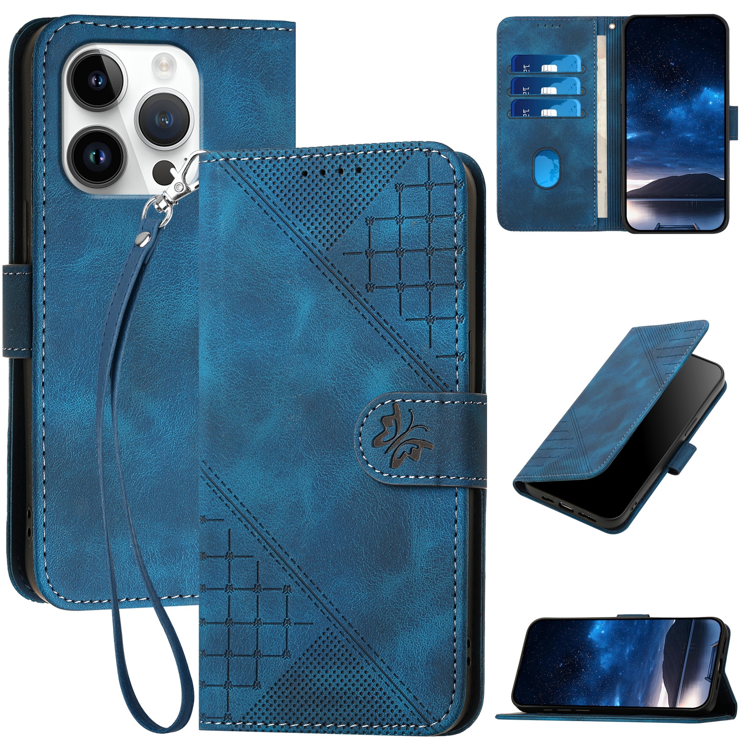 For iPhone 16 Pro YX0080 Grid Butterfly Embossed Pattern Flip Leather Phone Case with Lanyard(Dark Blue) - Shopkiz.com