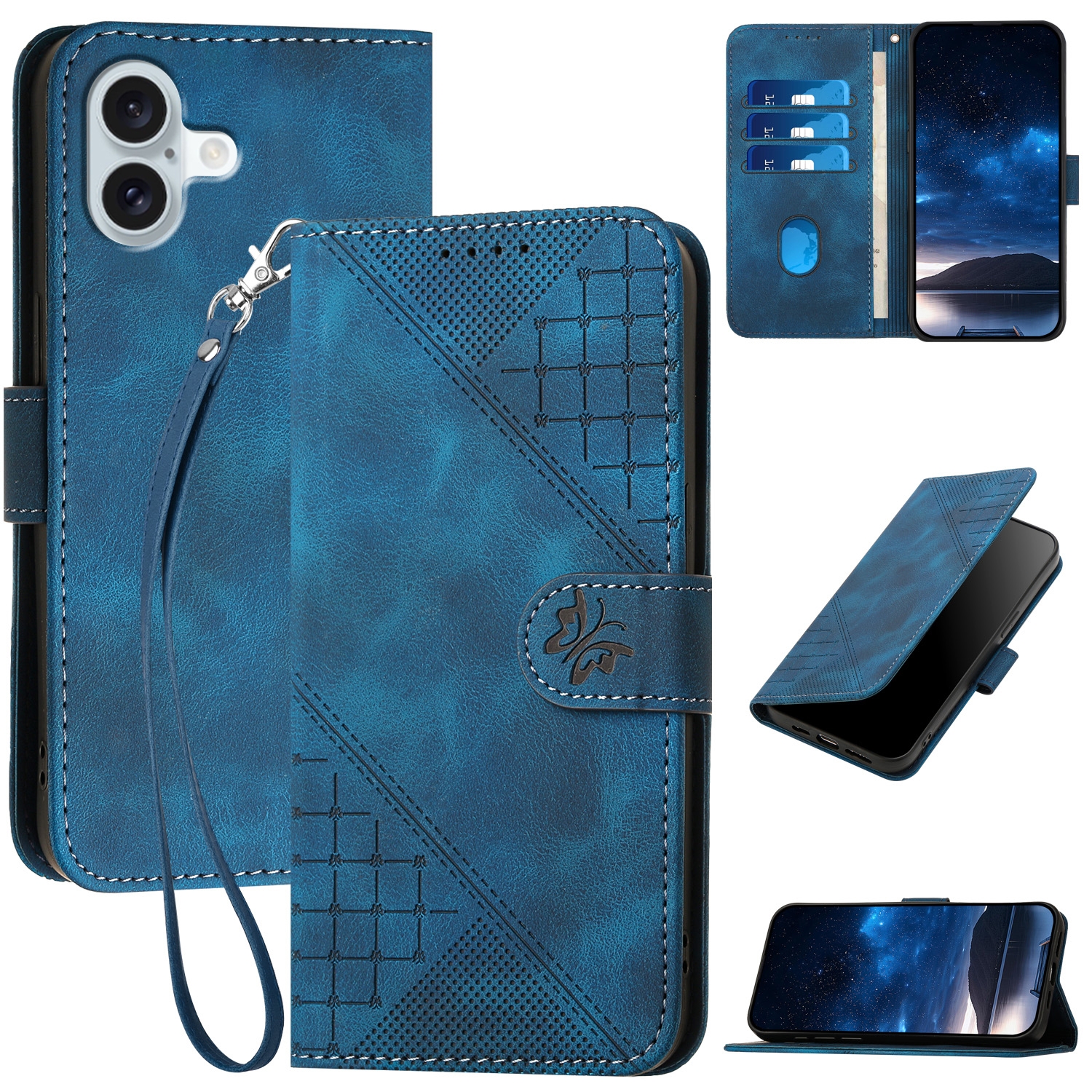 For iPhone 16 Plus YX0080 Grid Butterfly Embossed Pattern Flip Leather Phone Case with Lanyard(Dark Blue) - Shopkiz.com