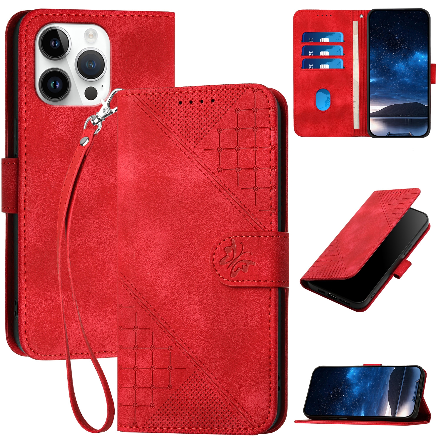 For iPhone 15 Pro Max YX0080 Grid Butterfly Embossed Pattern Flip Leather Phone Case with Lanyard(Red) - Shopkiz.com