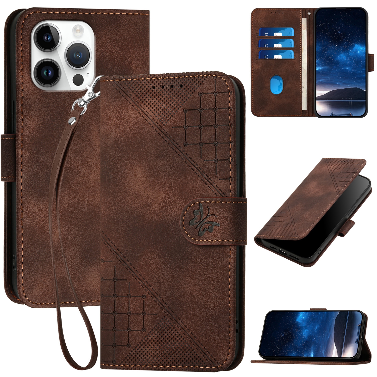 For iPhone 15 Pro Max YX0080 Grid Butterfly Embossed Pattern Flip Leather Phone Case with Lanyard(Coffee) - Shopkiz.com