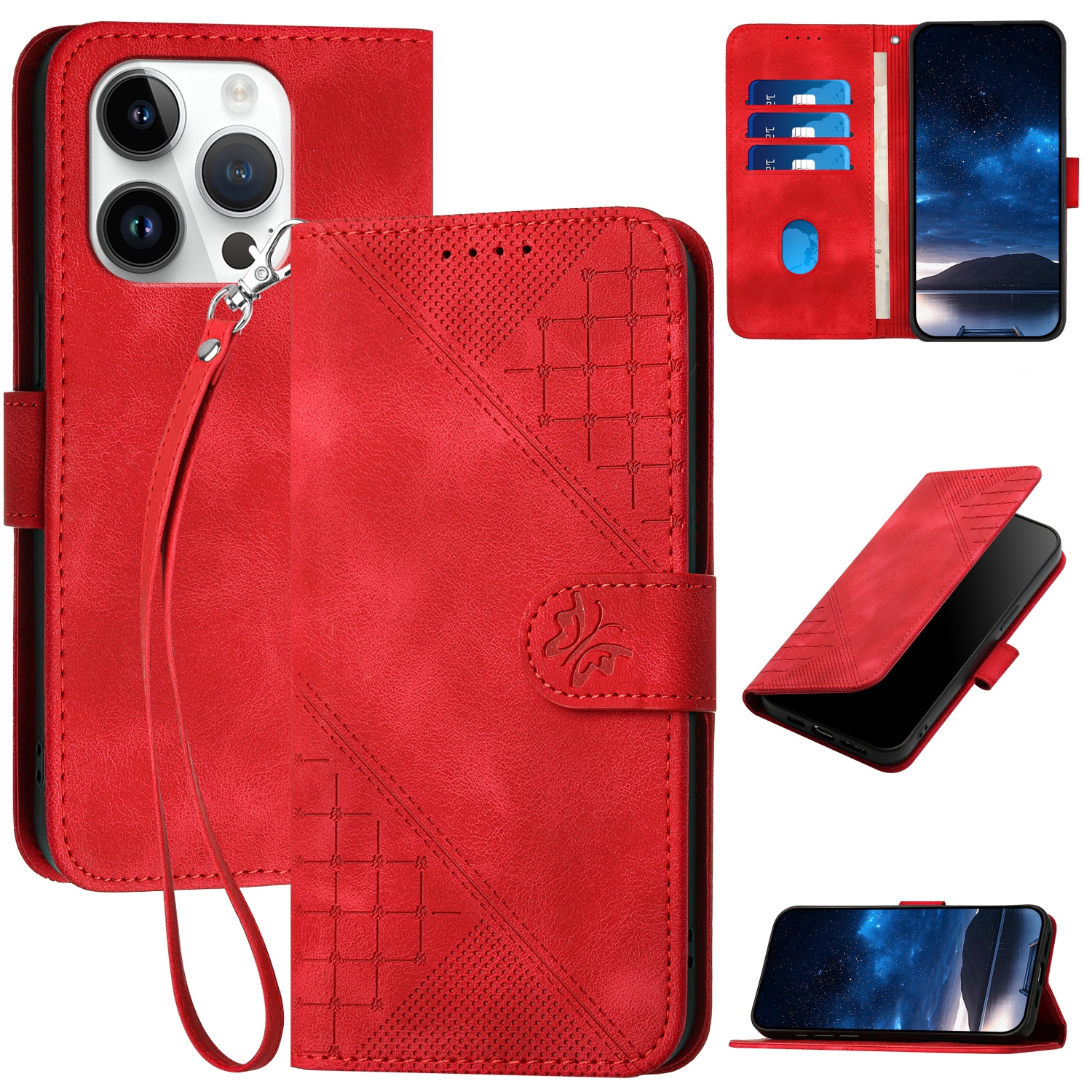 For iPhone 15 Pro YX0080 Grid Butterfly Embossed Pattern Flip Leather Phone Case with Lanyard(Red) - Shopkiz.com