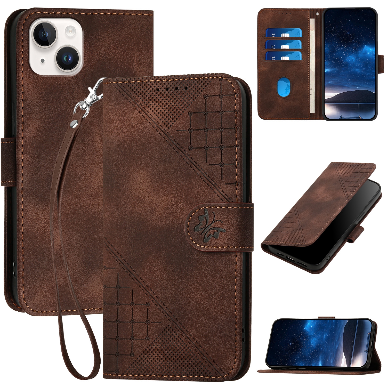 For iPhone 15 Plus YX0080 Grid Butterfly Embossed Pattern Flip Leather Phone Case with Lanyard(Coffee) - Shopkiz.com