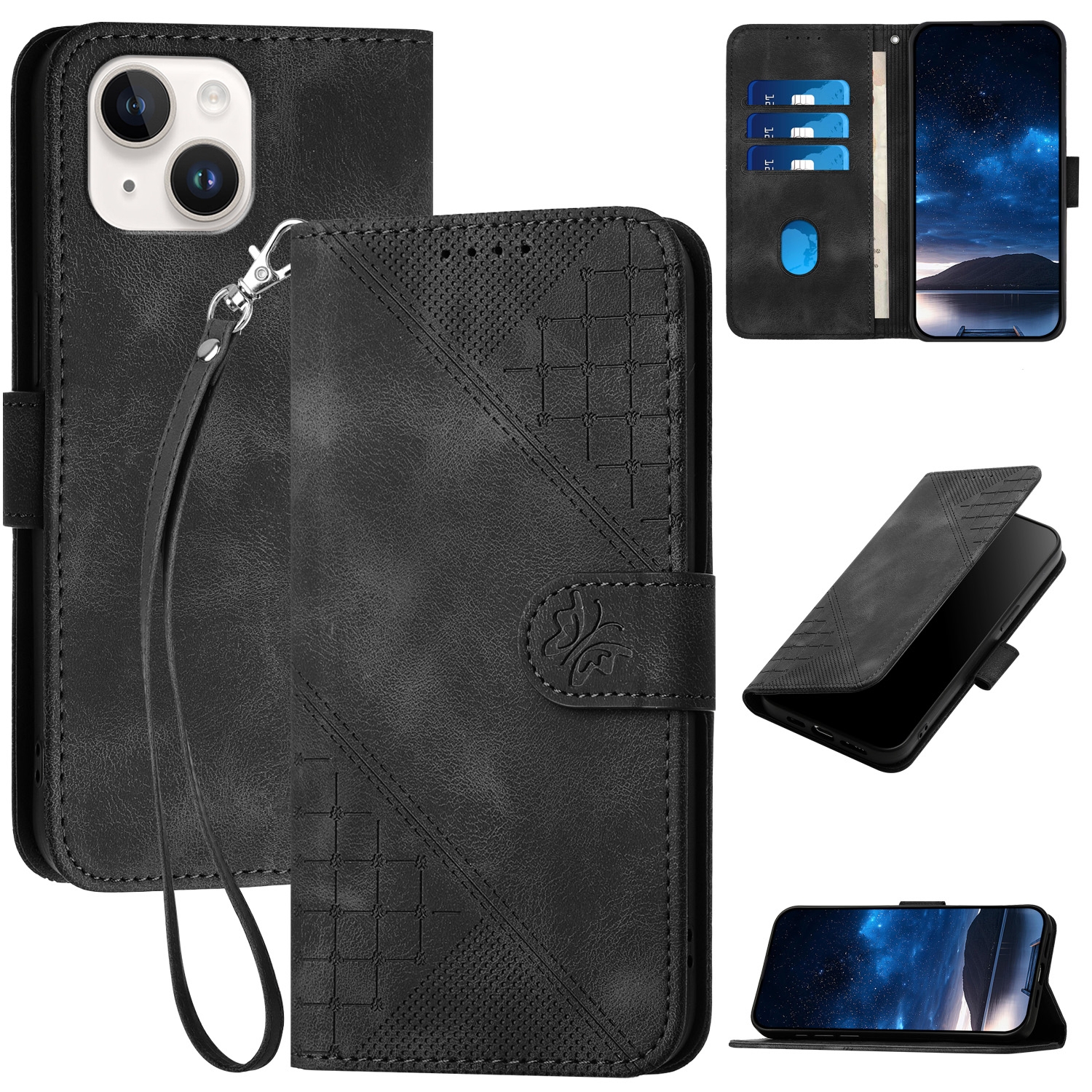 For iPhone 15 YX0080 Grid Butterfly Embossed Pattern Flip Leather Phone Case with Lanyard(Black) - Shopkiz.com